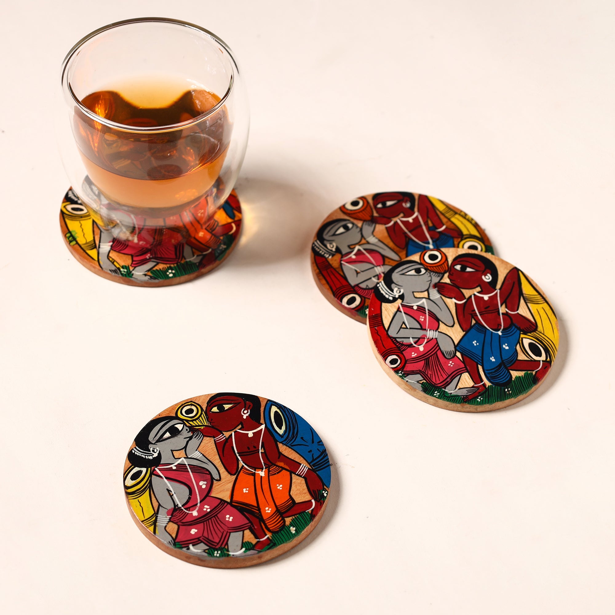 ITOKRI CRAFTS INITIATIVE Bengal Patua Handpainted Akashmoni Wooden Coasters (Set of 4) 05