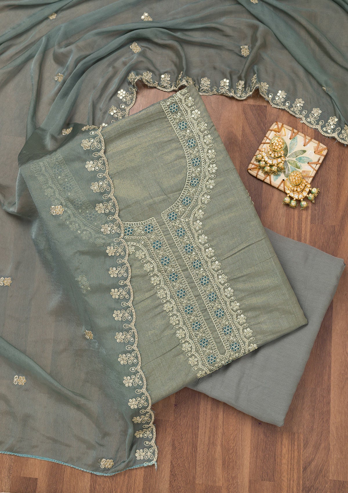 Koskii Grey Zariwork Tissue Unstitched Salwar Suit