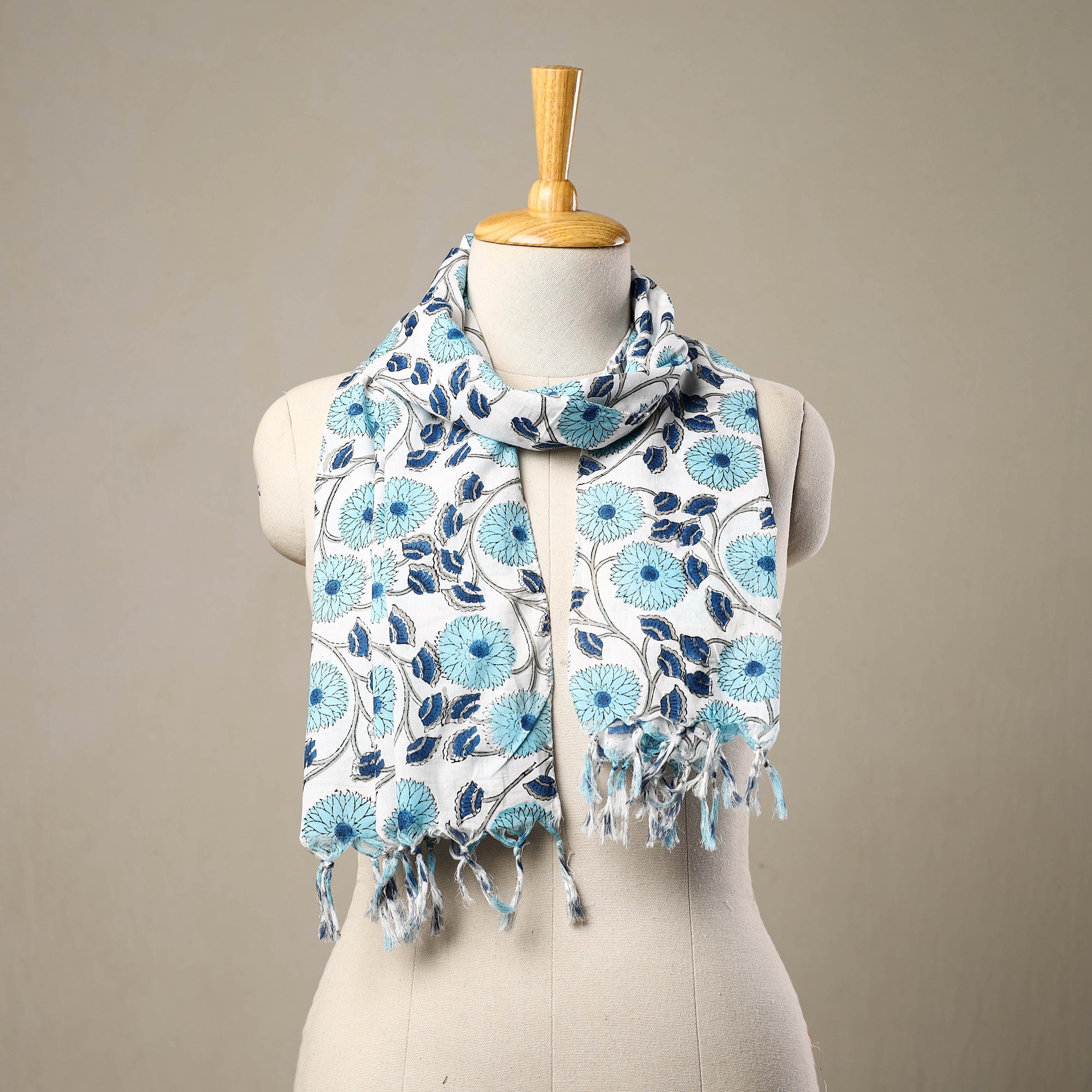 HAVELI CHRONICLES Blue - Block Print Cotton Sanganeri Stole with Tassels 177