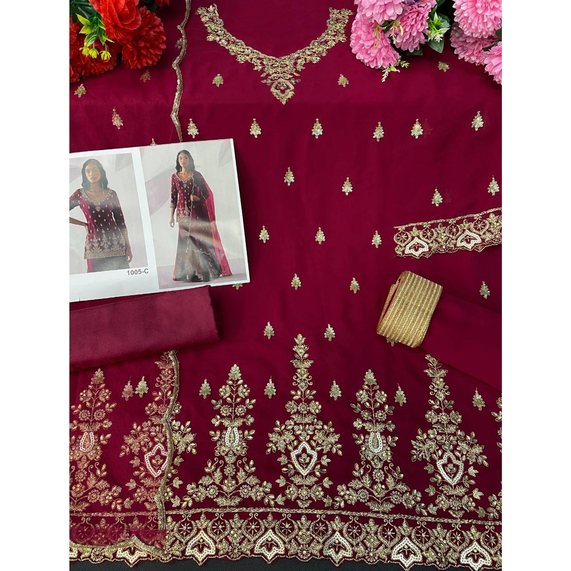 Peachmode Maroon Embroidered Georgette Sharara Suit - view 5