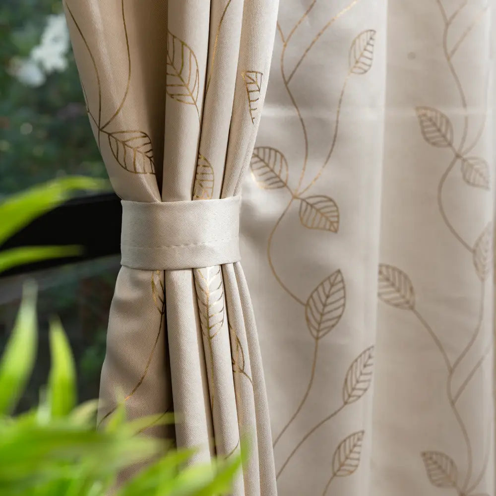 Urban Space -Home Furnishing Store Gold Foil Printed 80-85% Blackout Curtains - Pack of 1 - Leaf- Beige - view 2