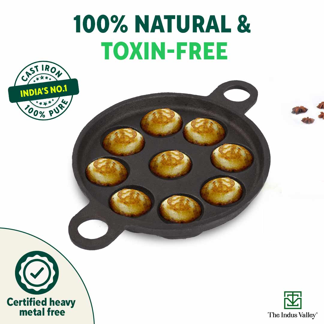 The Indus Valley Super Smooth 9 Pit/Cup Cast Iron Paniyaram/Appe Pan+ Free Spatula, Pre-seasoned, Natural Nonstick, 100% Pure, Toxin-free, 21 cm, 2.8k - view 5