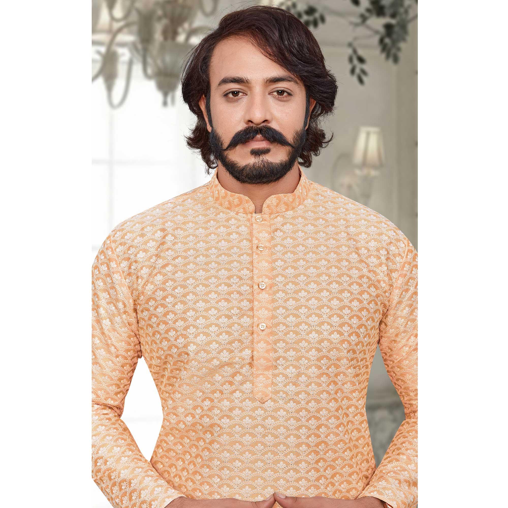 Peachmode Seller Light Orange Lucknowi Work Art Silk Kurta Pyjama Set - view 4