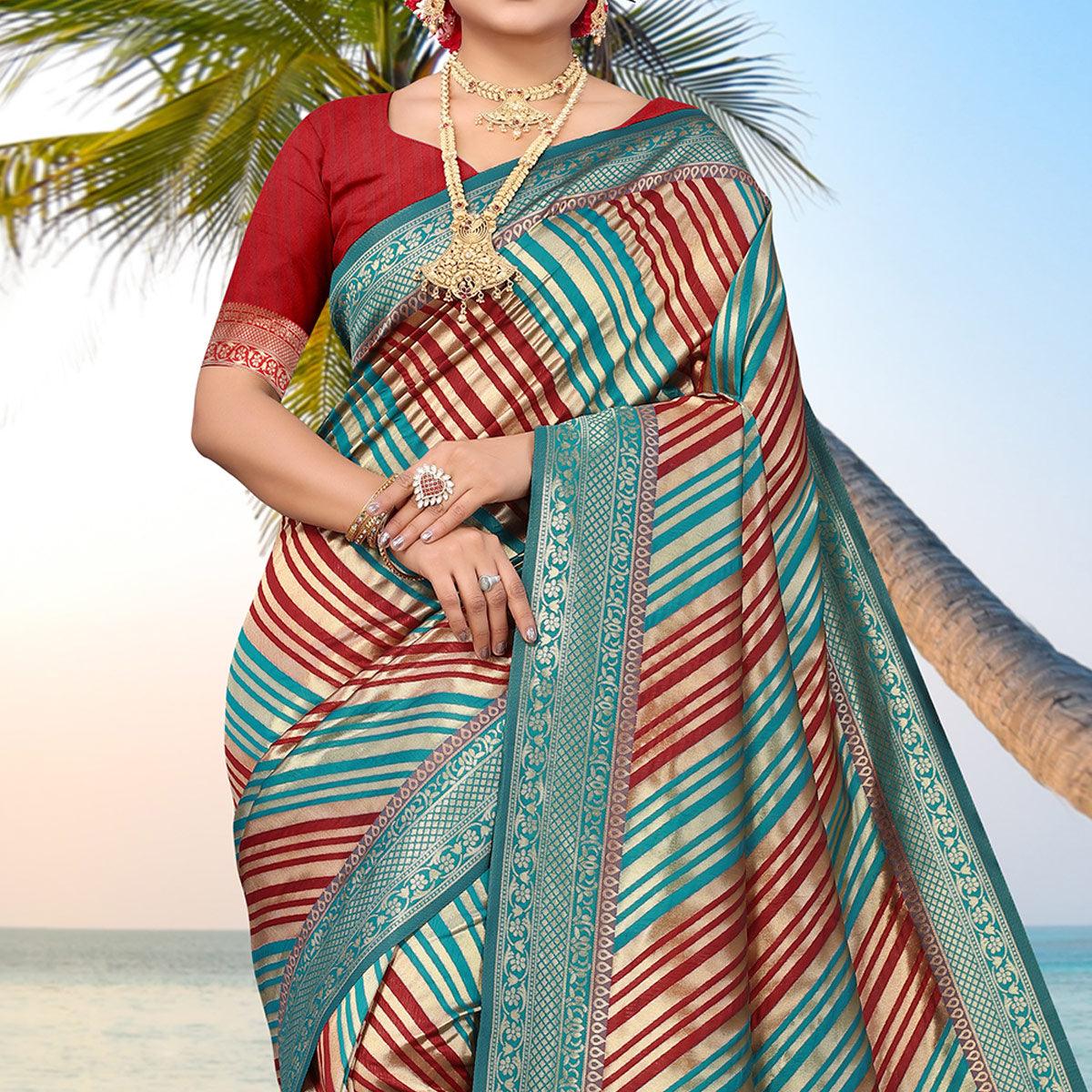 Peachmode Blue Stripe Printed Pure Silk Saree - view 3