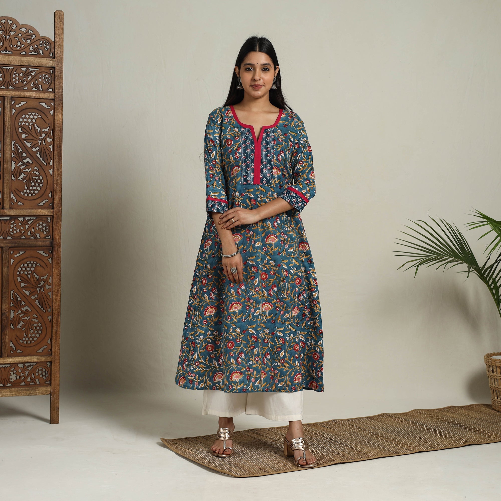 ITOKRI CASUALS Blue - Block Print Mosaic Fusion A-Line Sanganeri Cotton Kurta - view 2