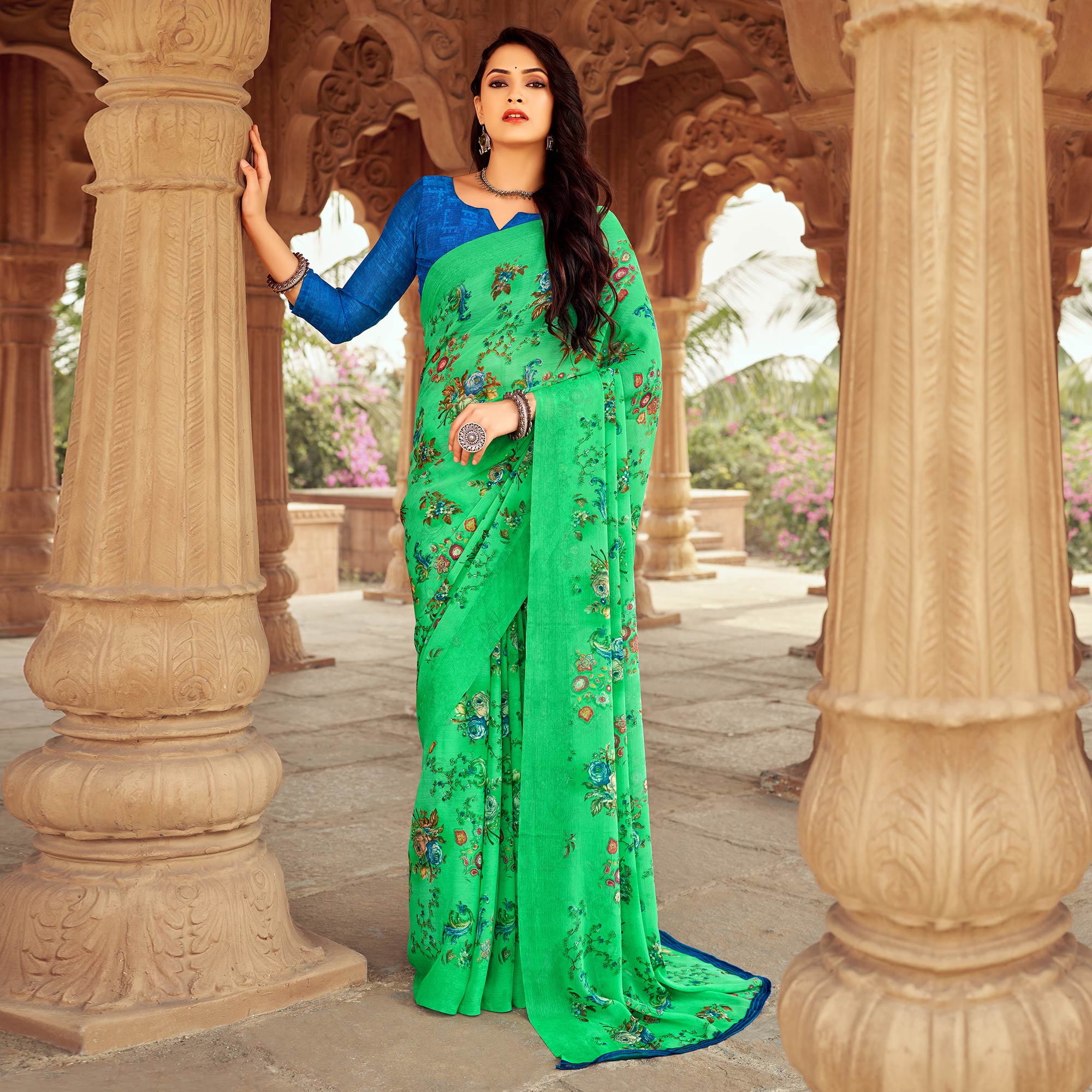 Green sarees – BlackTree green-floral-printed-chiffon-saree-8