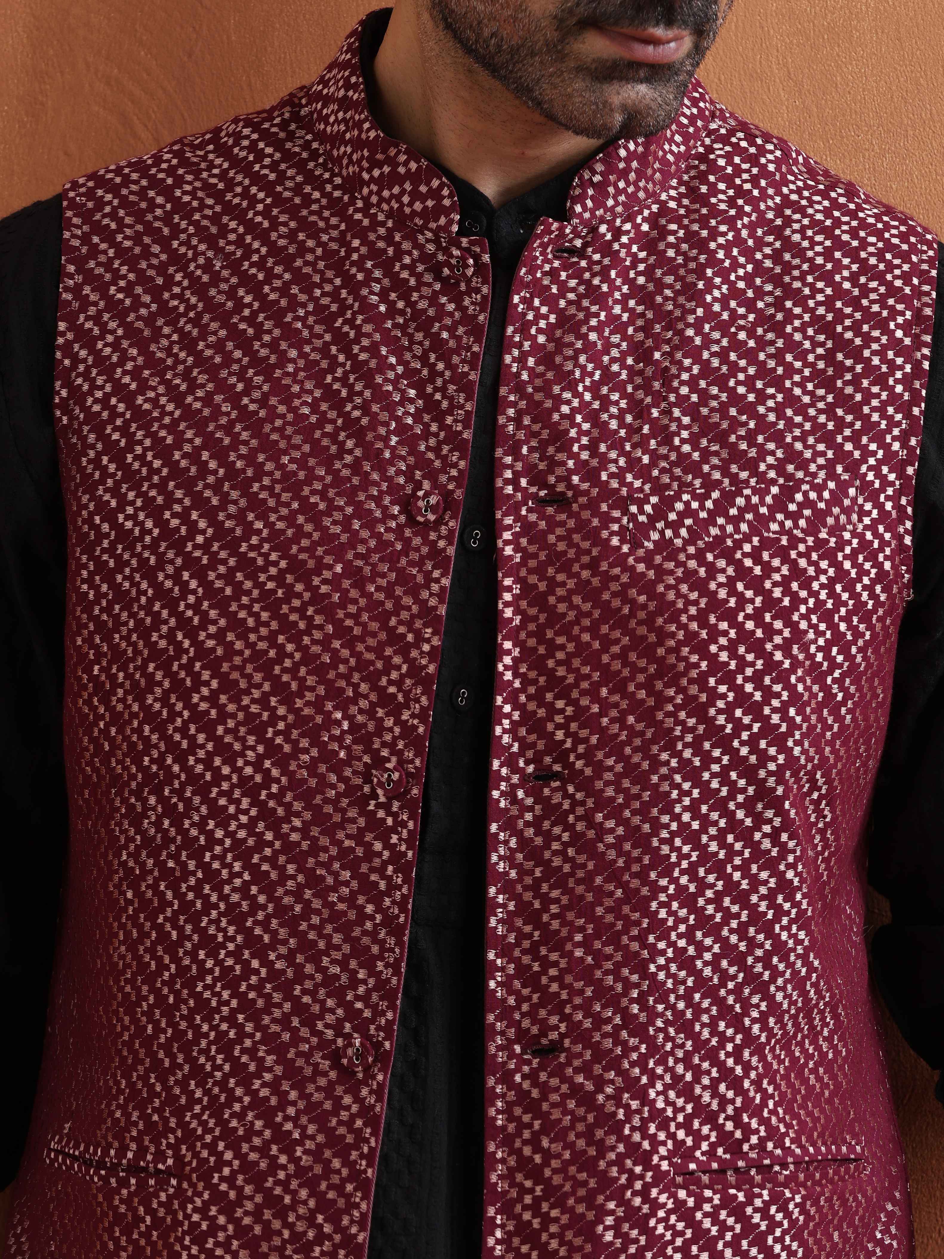 trueBrowns Men's Dark Purple Cotton Dobby Nehru Jacket - view 3