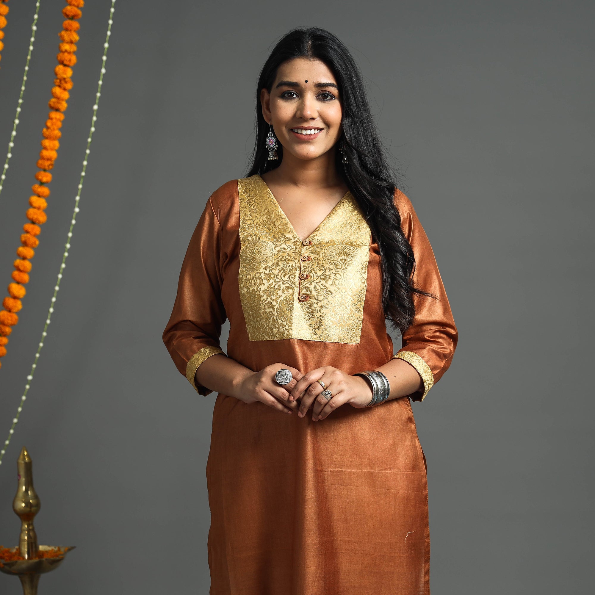 ITOKRI CASUALS Brown - Plain Tussar Silk Handloom Banarasi Patchwork Straight Kurta