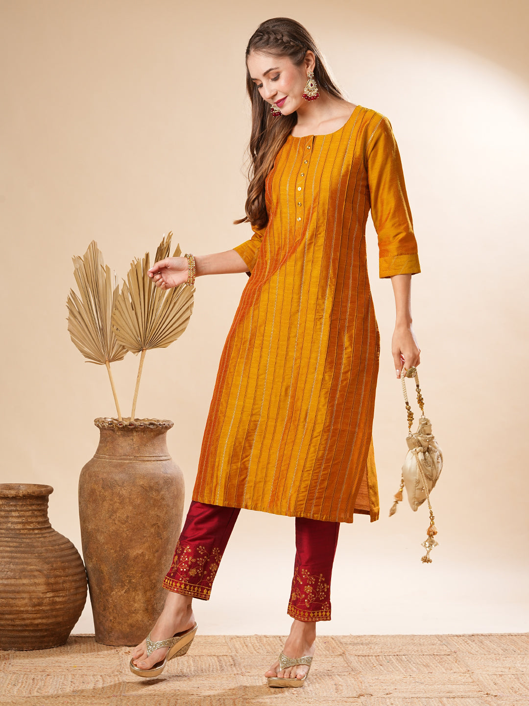 Fashor Solid Pin-Tucks Kurta with Resham & Sequins Embroidered Pants - Mustard