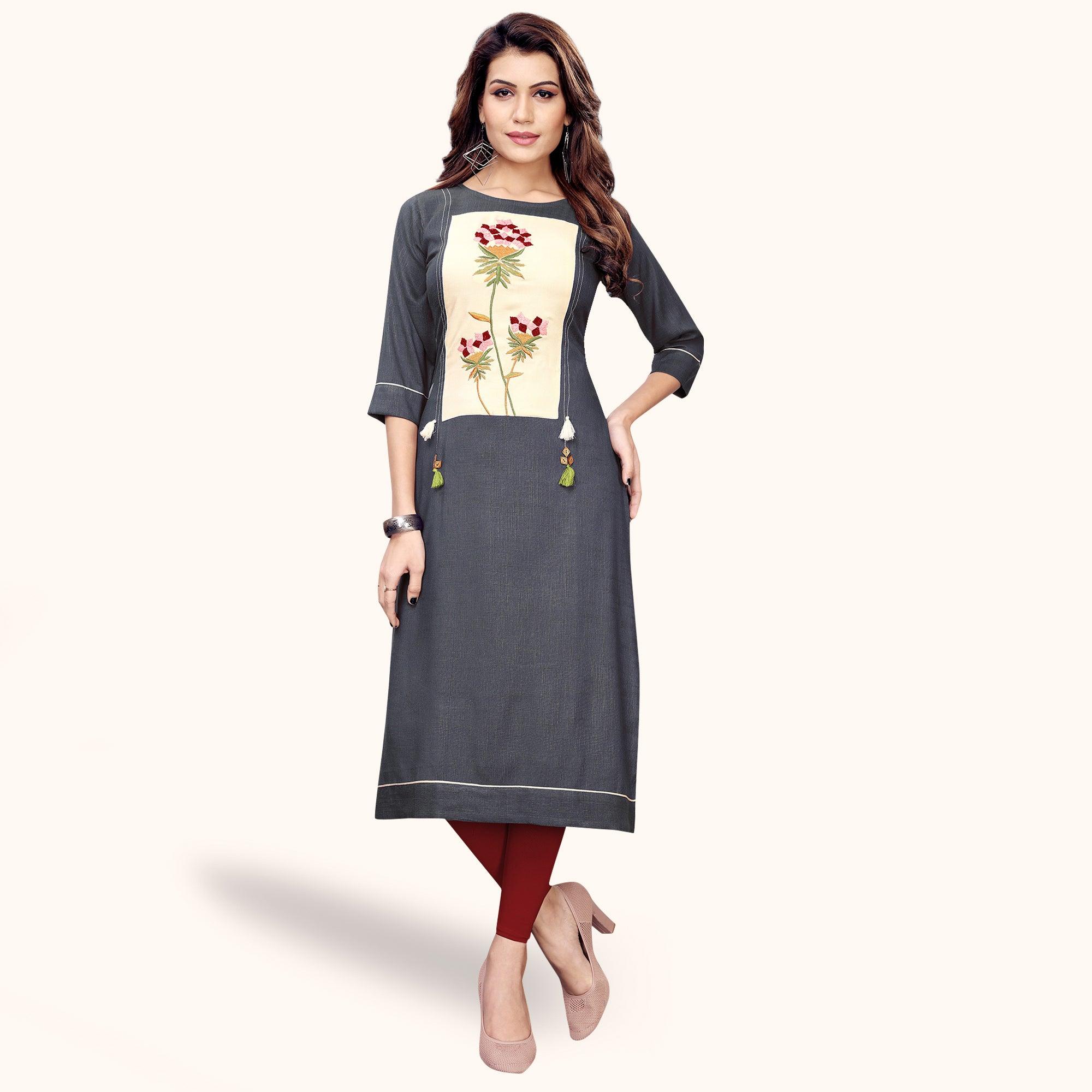 Peachmode Seller Excellent Gray Colored Partywear Embroidered Rayon Kurti