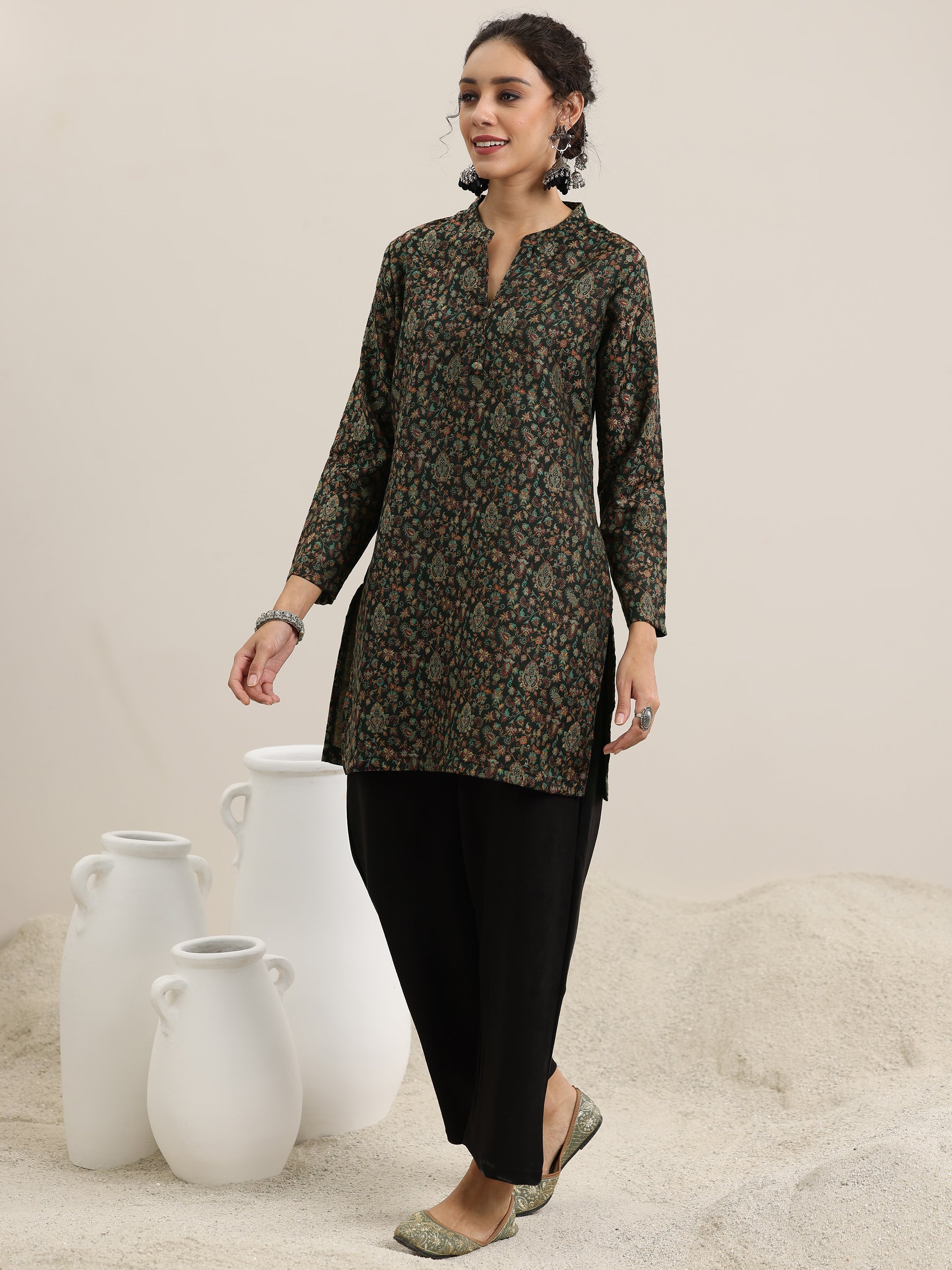 Libas Black Woven Design Wool Blend Straight Kurta With Palazzos - view 2