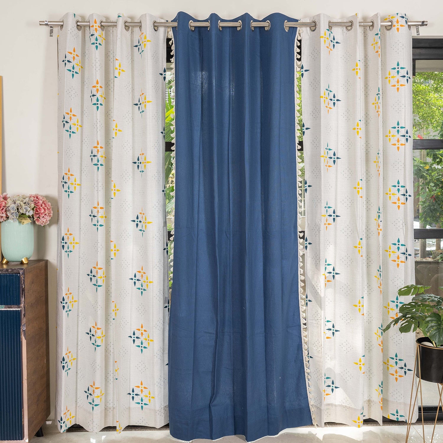 Urban Space -Home Furnishing Store Cotton Curtains Combo, Set of 3 curtains, 60-65% Room Darkening Curtain - Blue & Aura Indigo