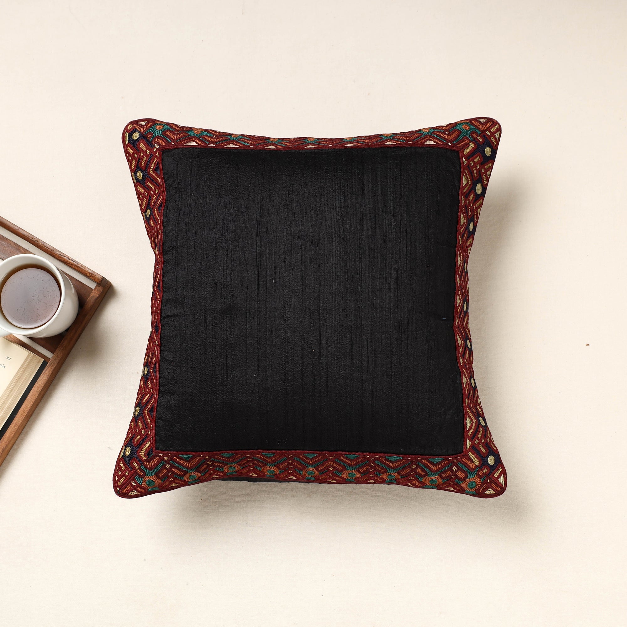 QASAB Black - Kutch Jat Hand Embroidery Border Silk Cushion Cover (16 x 16 in)