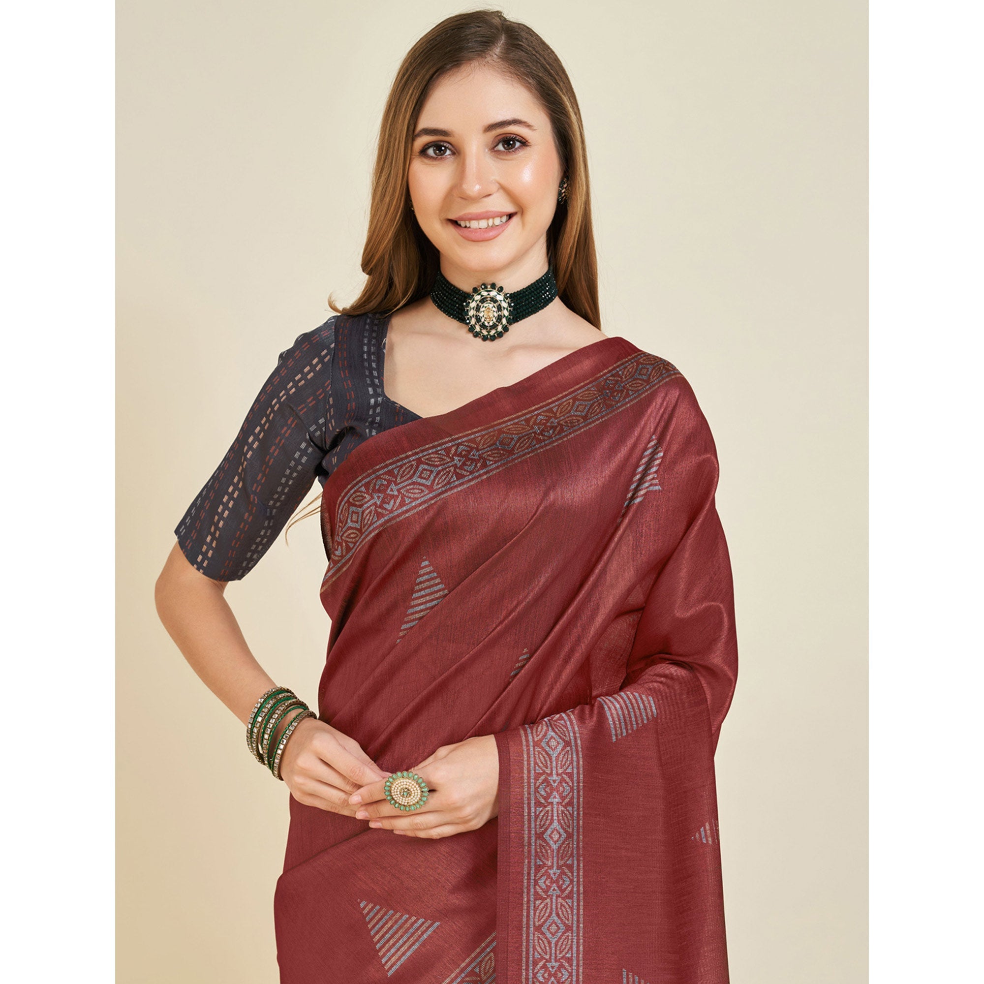 Peachmode Maroon Digital Printed Bhagalpuri Silk Saree With Tassels - view 7