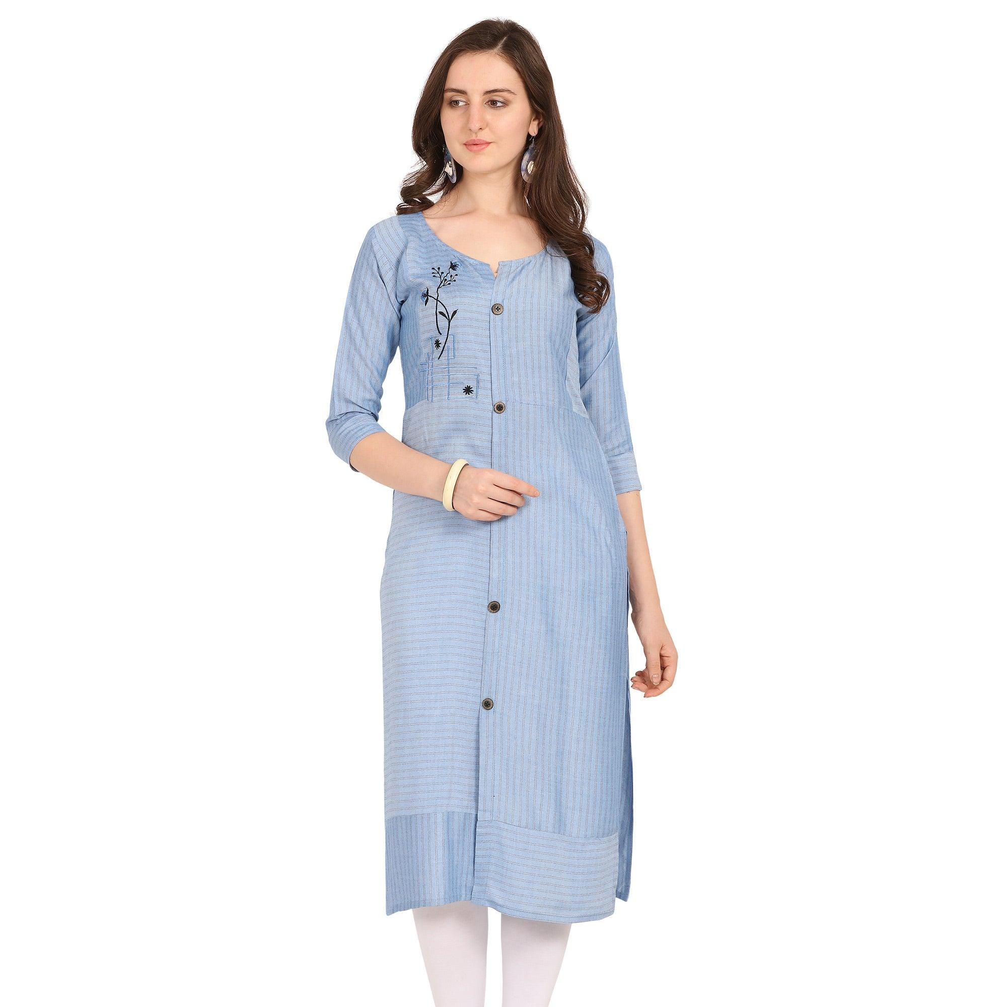 Peachmode Seller Elegant Blue Colored Party Wear Embellished Work Rayon Kurti