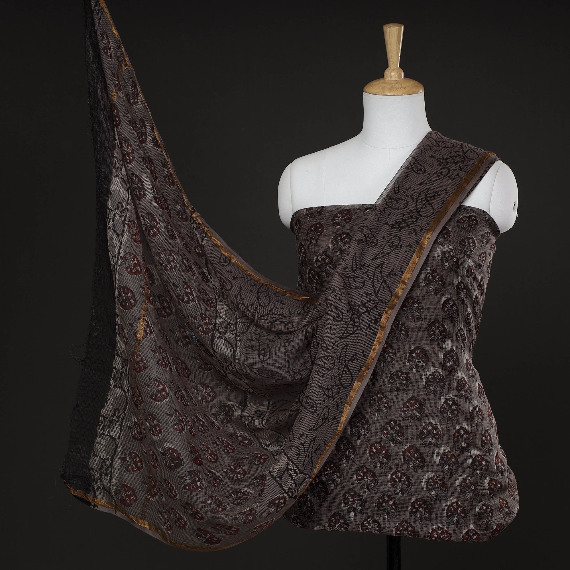 ARTISAN HAND BLOCK PRINTS Brown - 3pc Jahota Block Printed Kota Doria Suit Material Set