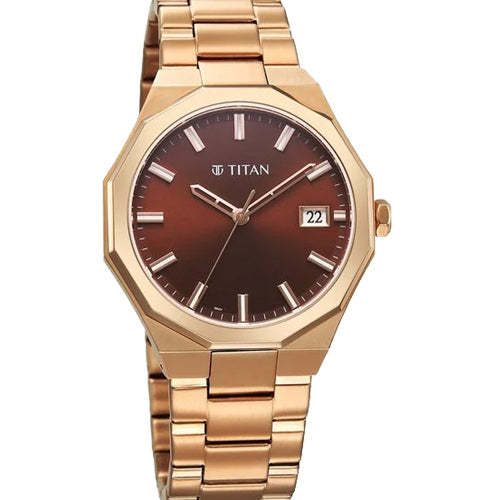 Titan Regalia Dodecagon Quartz Analog with Date Brown Dial Rose Gold Stainless Steel Strap Watch For Men 40mm 90212WM01 - view 2
