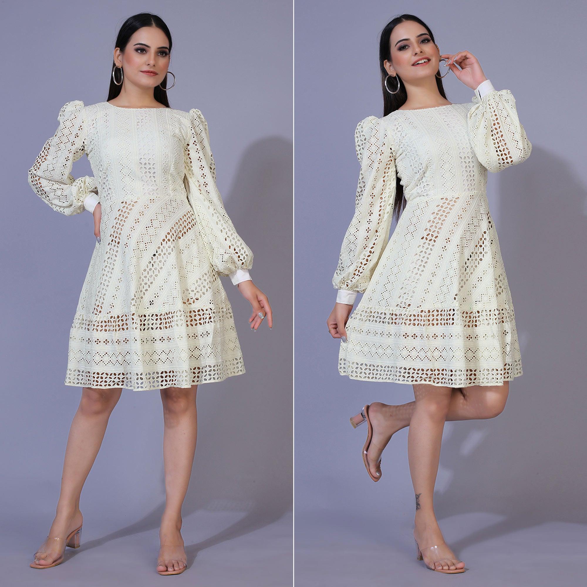 Peachmode Seller Cream Lucknowi Chikankari Work Rayon Western Dress
