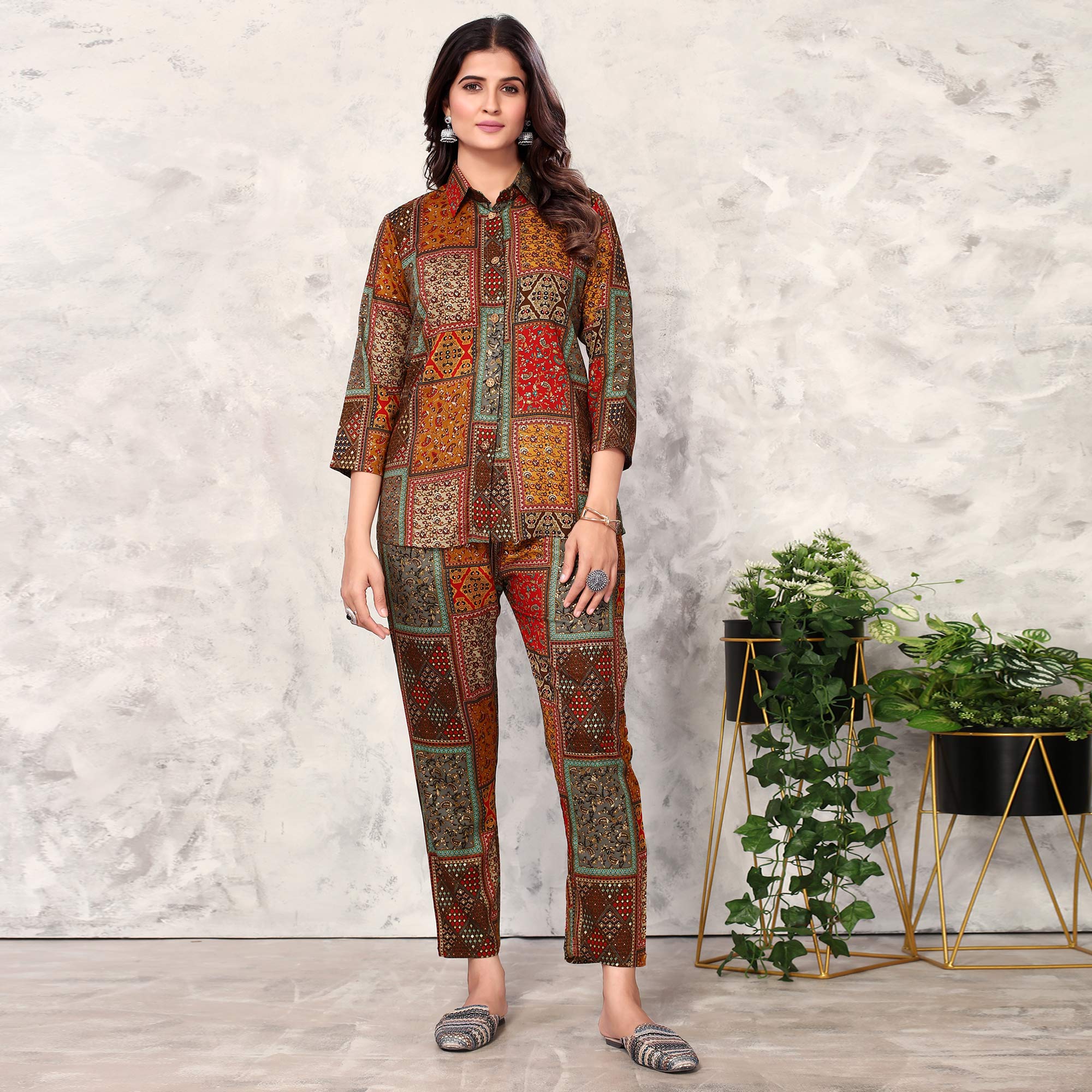 Peachmode Seller Brown Floral Printed Rayon Co Ord Set - view 2