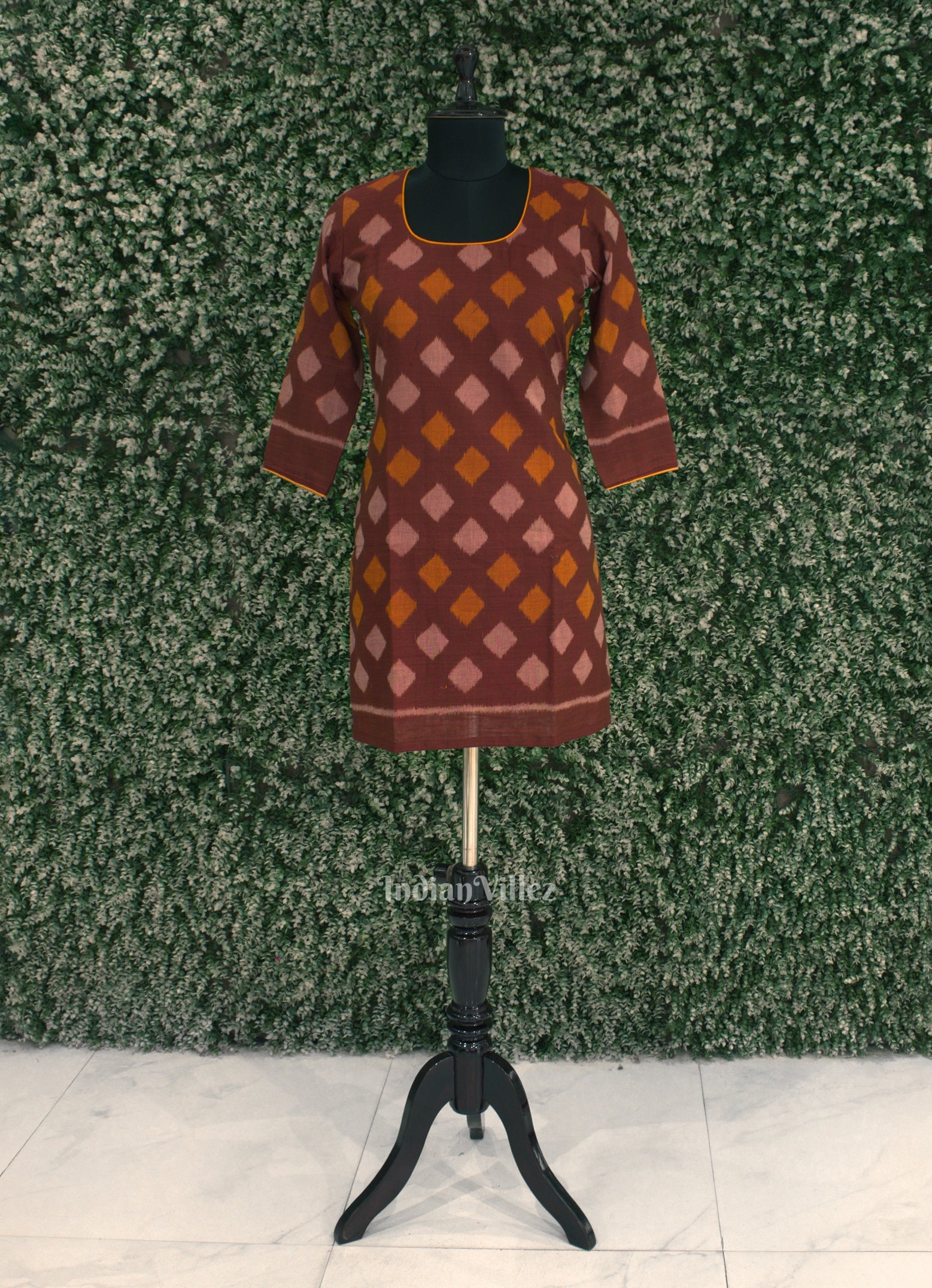 IndianVillèz Cherry Maroon Sambalpuri Odisha Ikat Designer Cotton Short Kurti for Women
