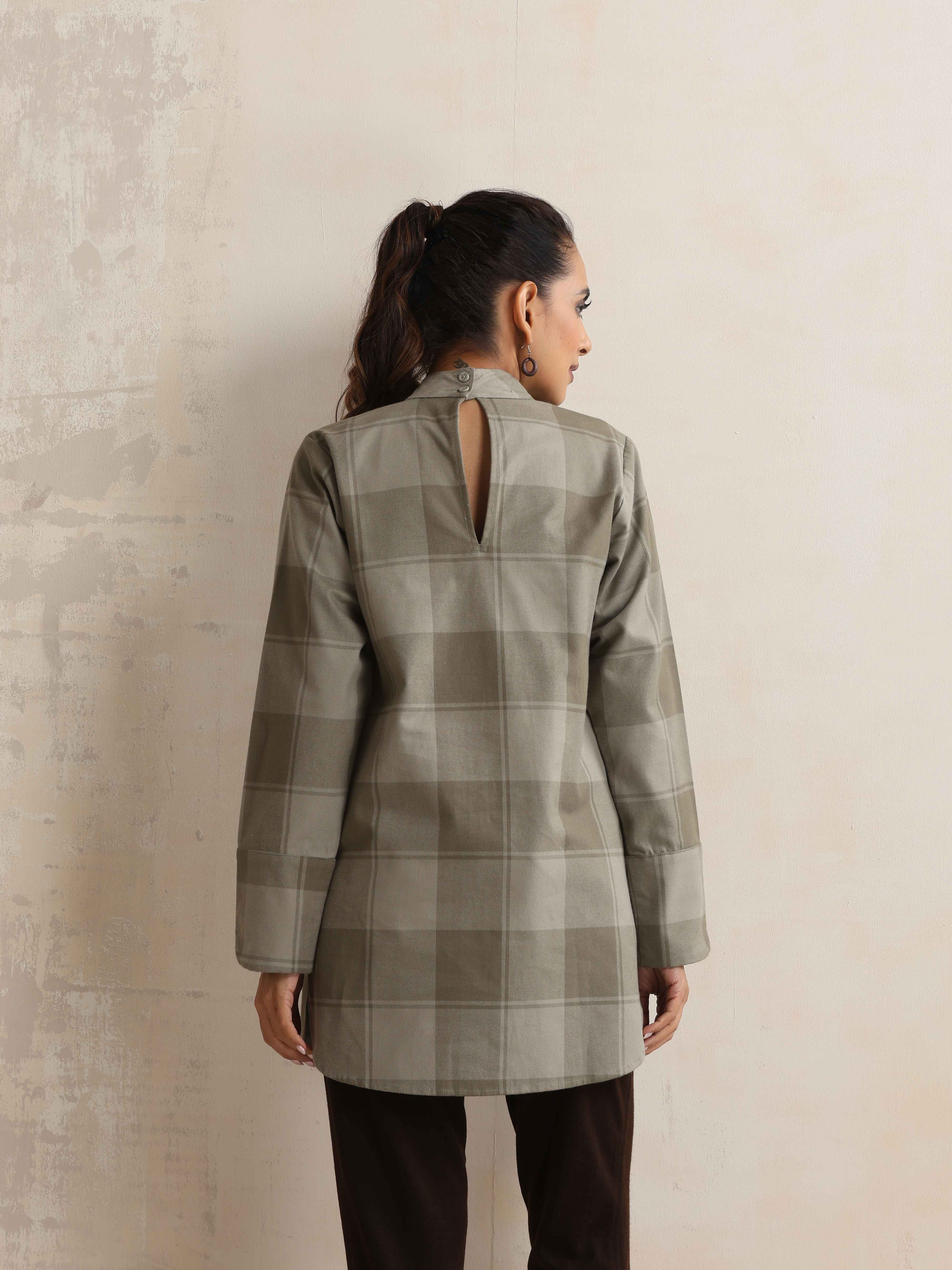 trueBrowns Green Check High Neck Short Kurta - view 6