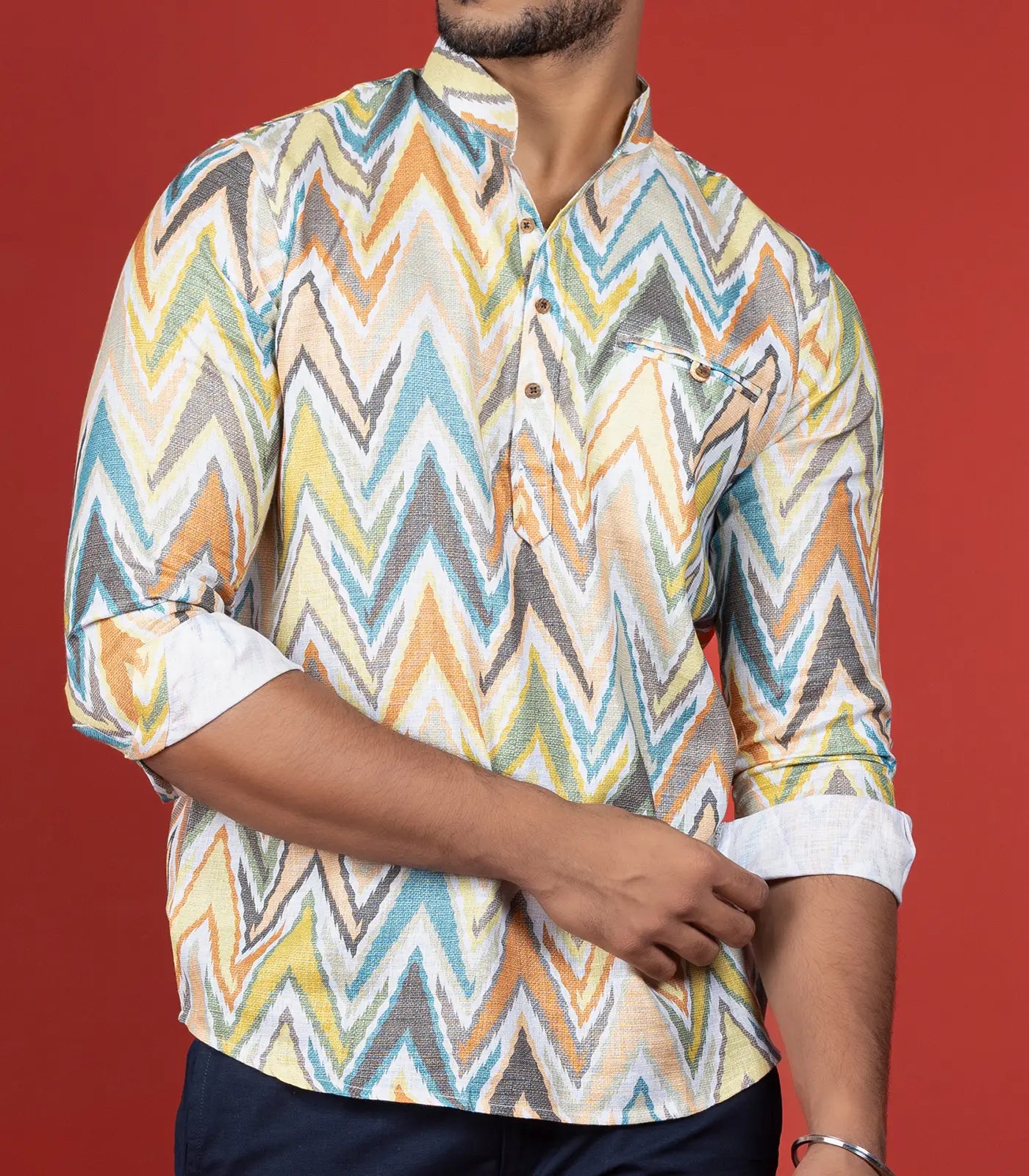 RmKV Multicolor Chevron Short Kurta With Mandarin Collar-Multi colour - view 3