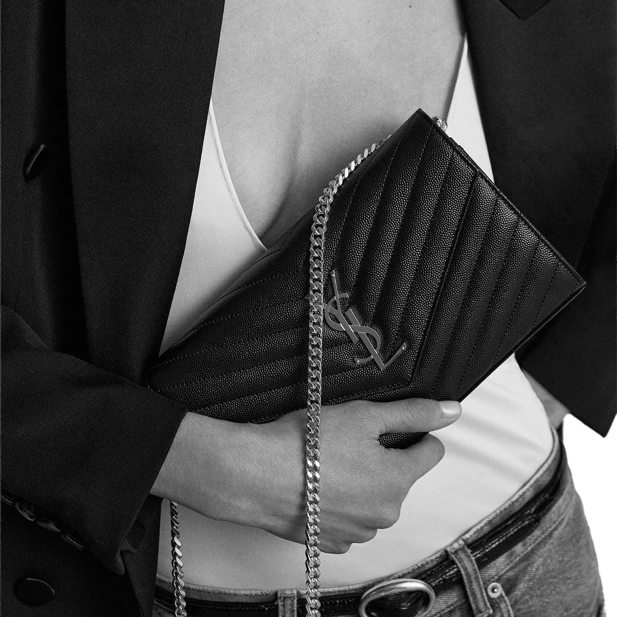 Saint Laurent Monogram Envelope Black Silver Crossbody Bag - view 5