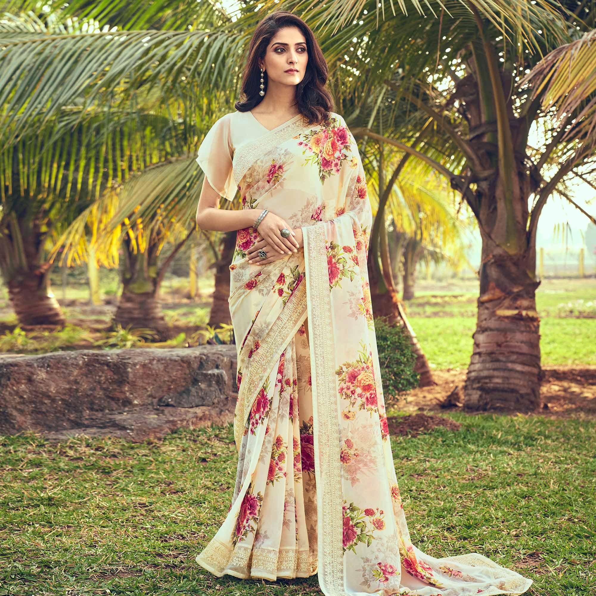Peachmode Cream Casual Wear Floral Printed Georgette Saree