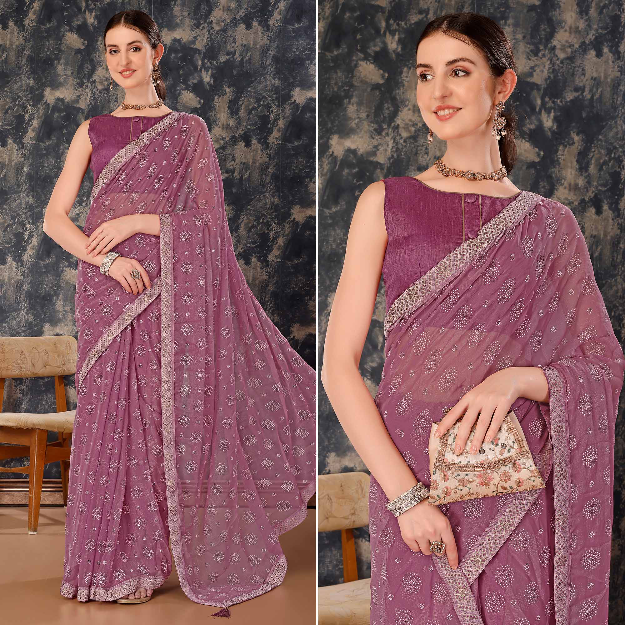 Peachmode Mauve Printed Chiffon Saree With Lace Border