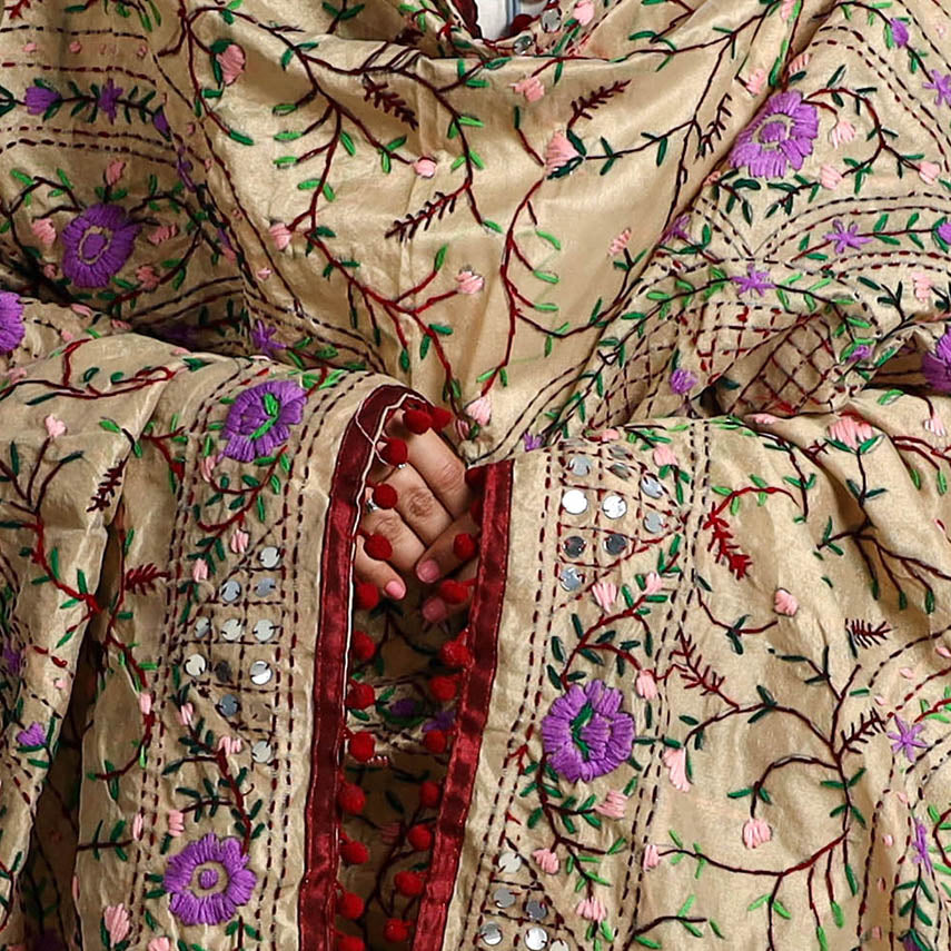 ITOKRI CRAFTS INITIATIVE Beige - Ranihati Chanderi Silk Chapa Work Phulkari Embroidered Dupatta with Pom Pom 66 - view 4