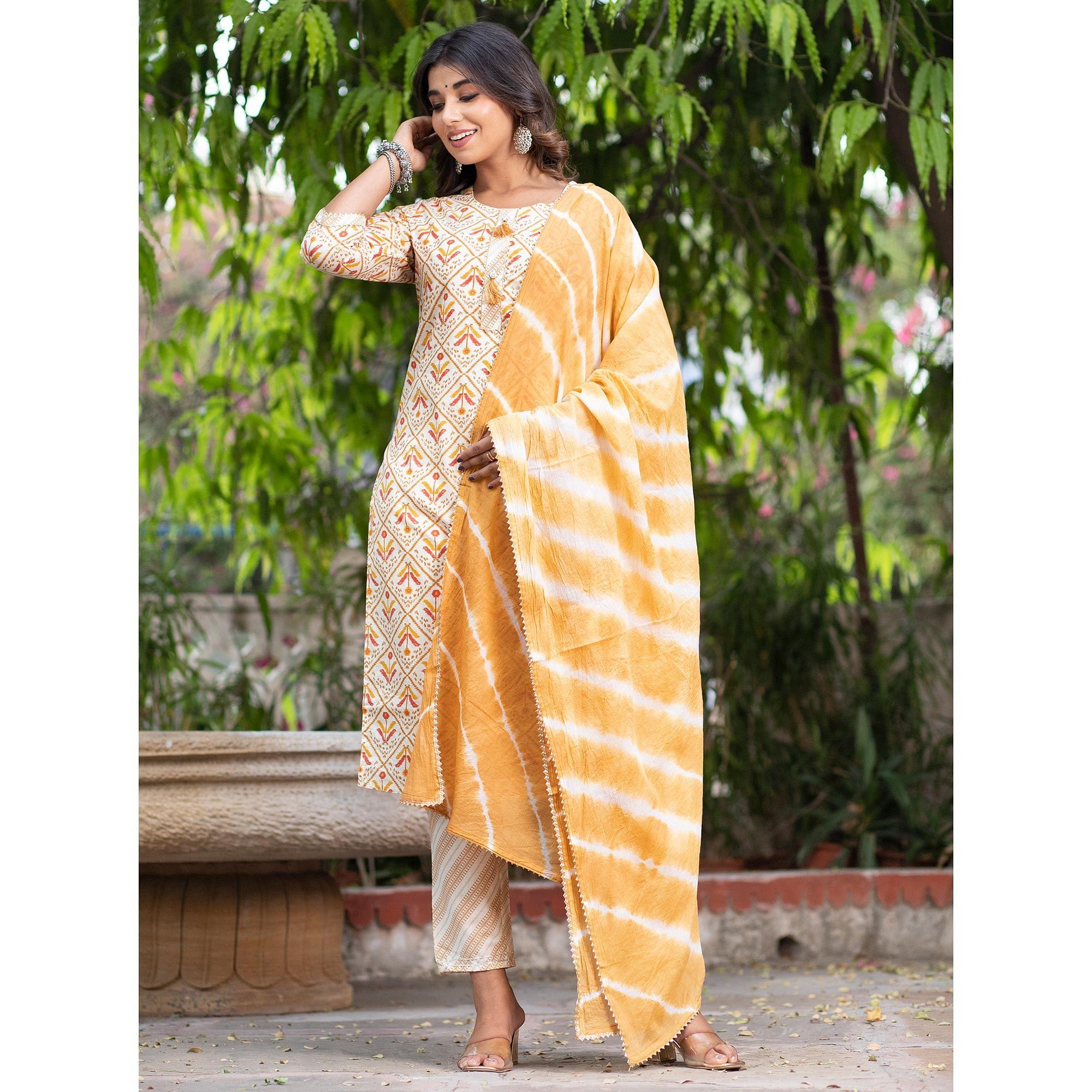 Peachmode Cream Floral Printed Pure Cotton Kurti Pant Set With Dupatta - view 2