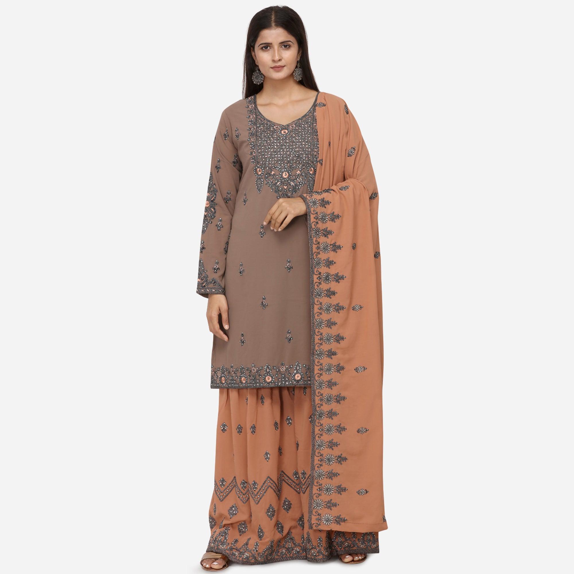 Peachmode Seller Gleaming Brown Colored Partywear Heavy Embroidered Georgette Sharara Style Suit
