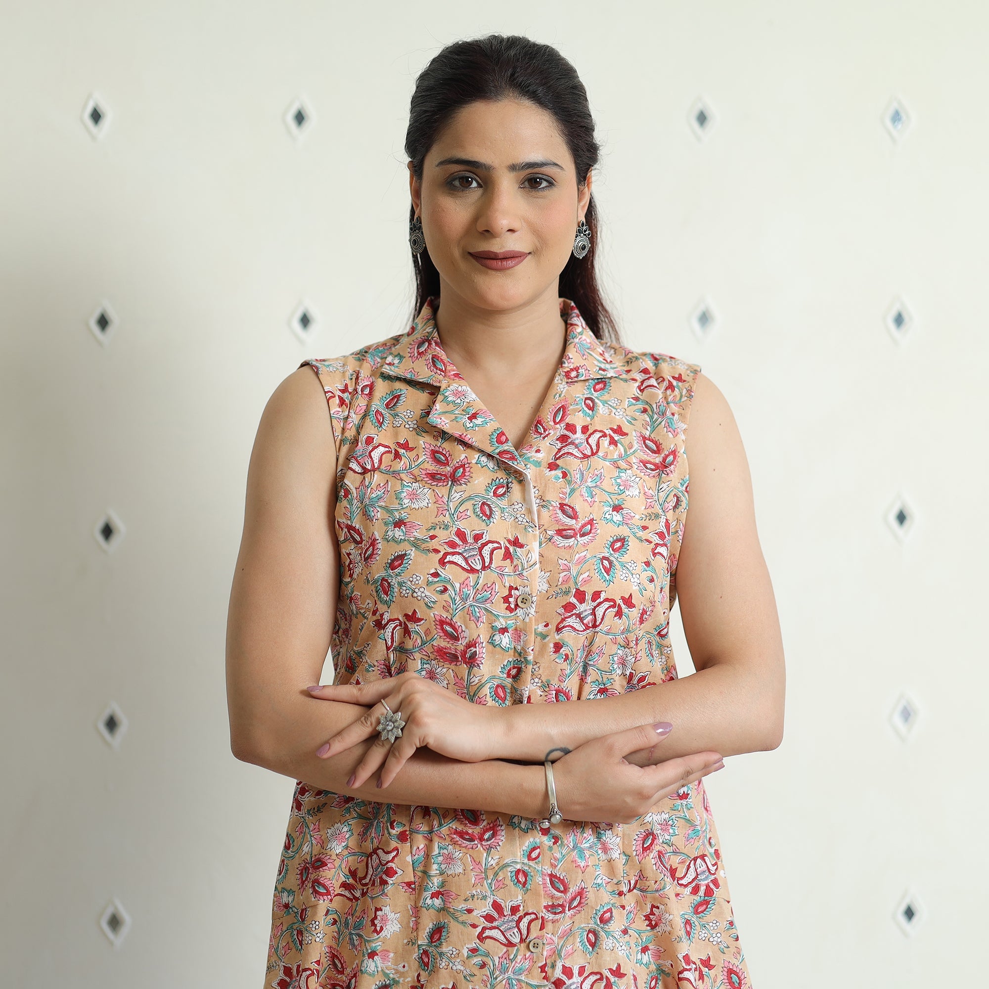 ITOKRI CASUALS Beige - Sanganeri Block Printed Cotton Collared Neck Buttoned Down Dress