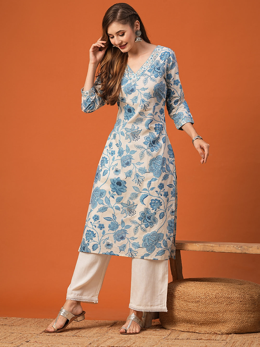 Fashor Floral Printed Mirror, Resham & Zari Embroidered Kurta - White & Blue