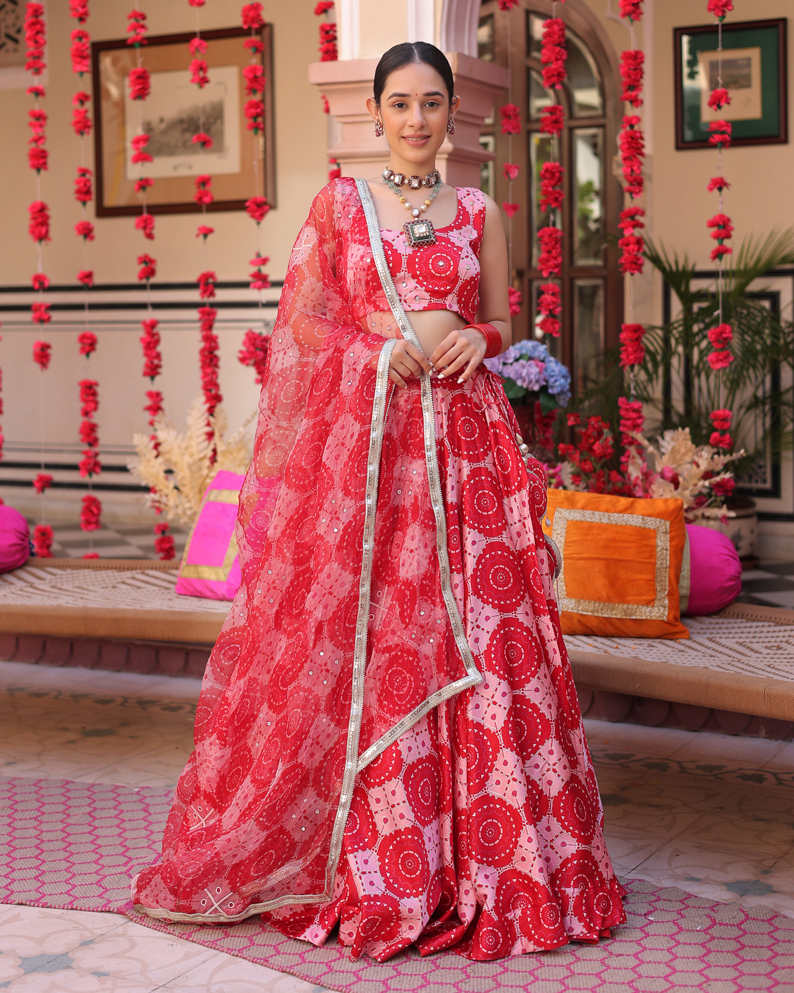 Aachho Ruby And Cream Rhapsody Printed Satin Lehenga Set - view 2