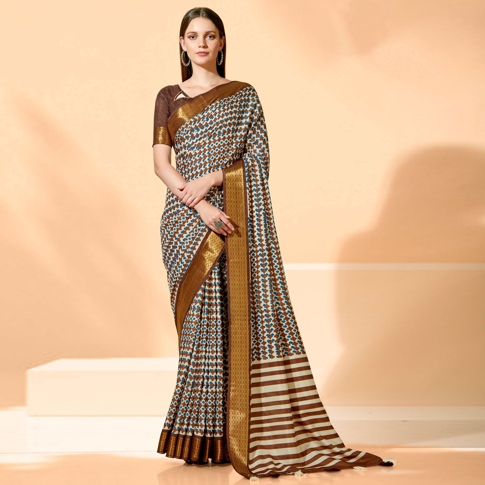 Peachmode Brown Printed Dola Silk Saree With Tassels