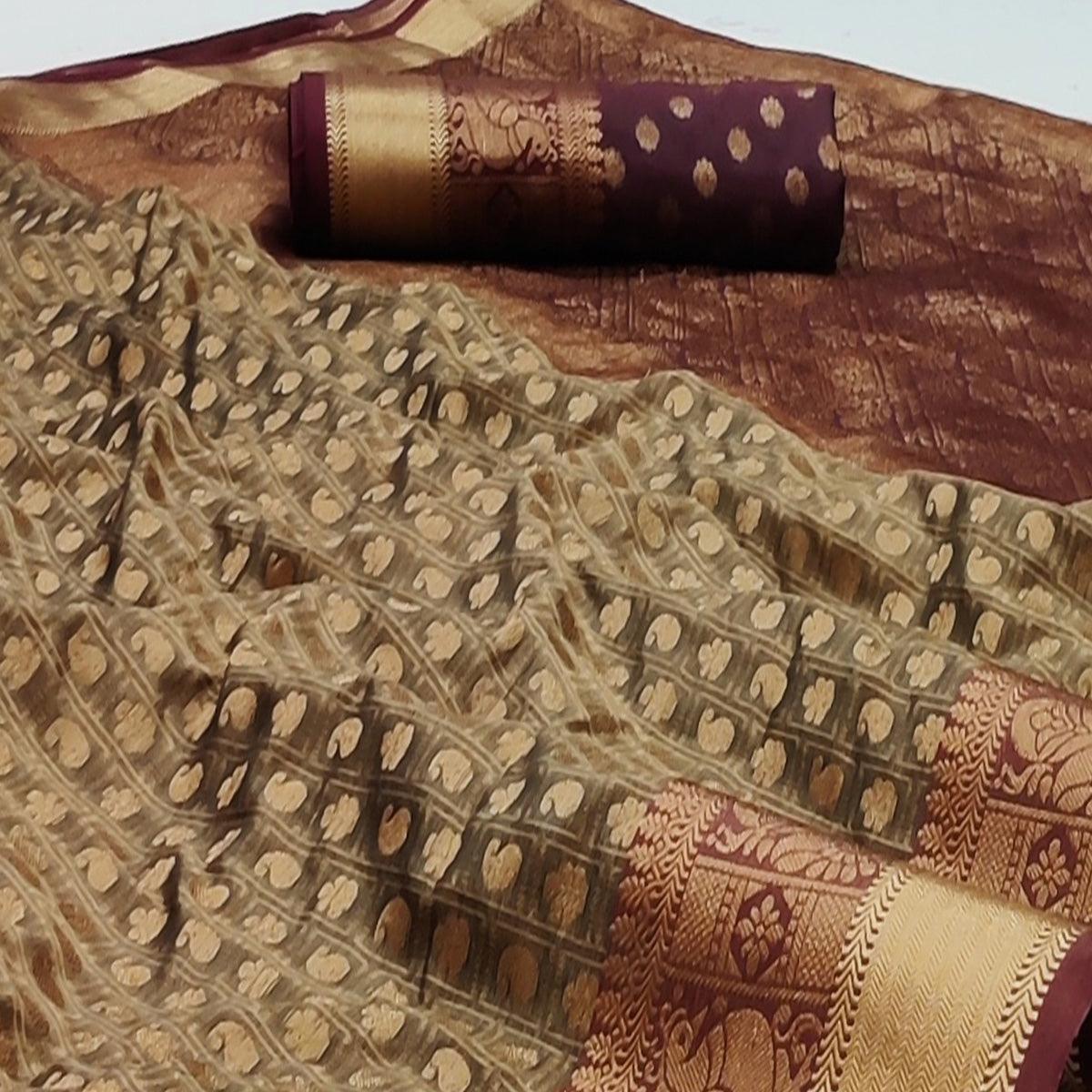 Peachmode Chikoo Festive Wear Woven Silk Saree With Jacquard Border - view 2