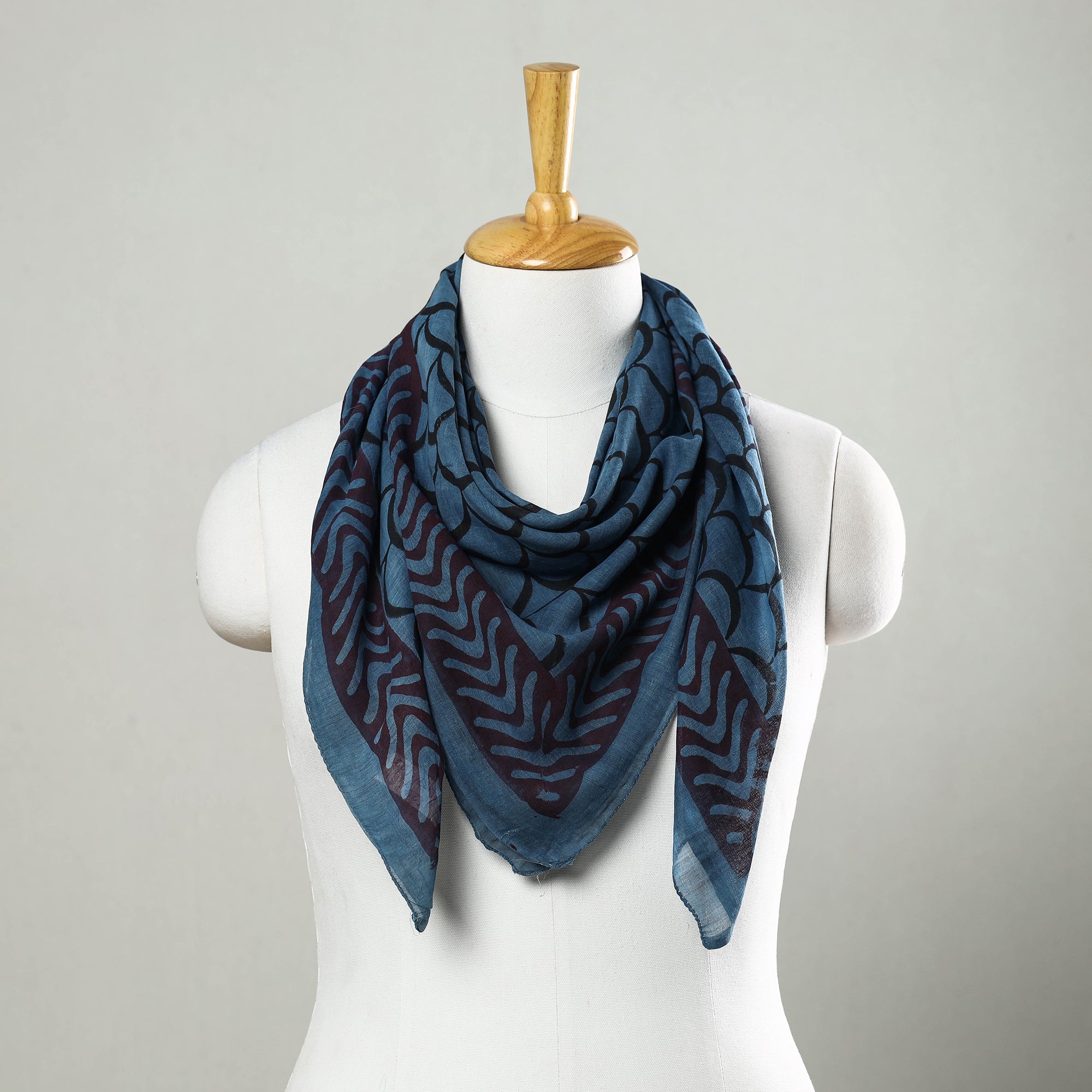 ARTISAN HAND BLOCK PRINTS Blue - Bagru Block Printed Mul Cotton Scarf