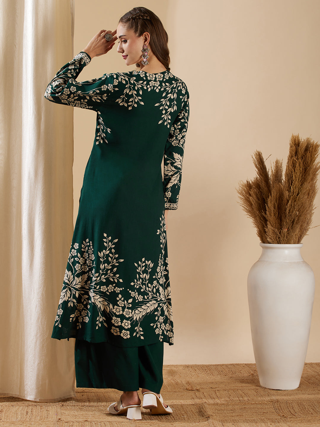 Fashor Floral Printed & Hand Embroidered A-Line Kurta with Flared Palazzo - Green - view 6