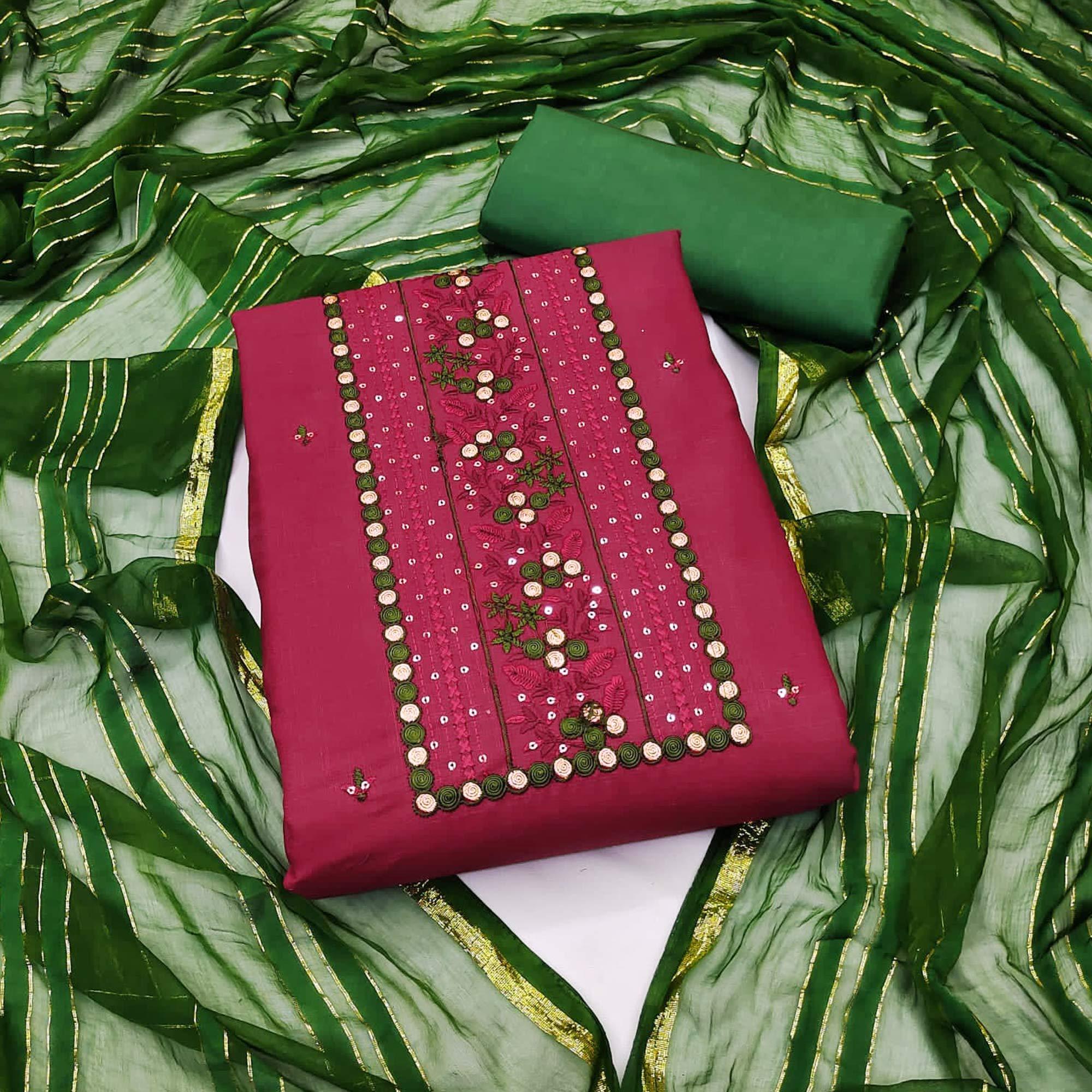 Peachmode Maroon Sequins Embroidered Cotton Blend Dress Material