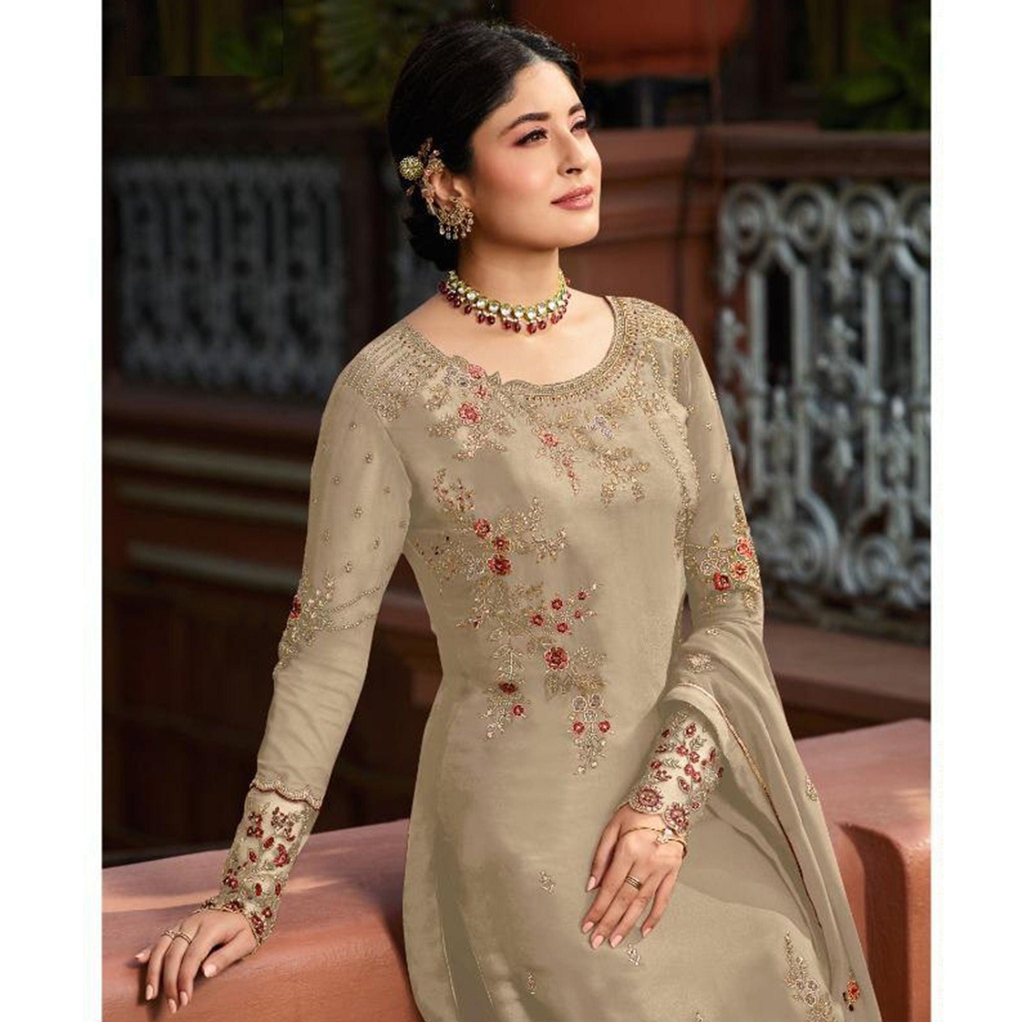 Peachmode Demanding Beige Colored Partywear Embroidered Gerorgette Straight Suit - view 2