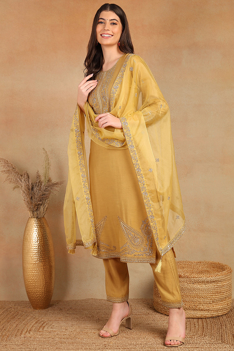 Ahika Golden Yellow Silk Blend Solid Embroidered Straight Trouser Bottom Suit Set PKSKD2520YLW - view 2