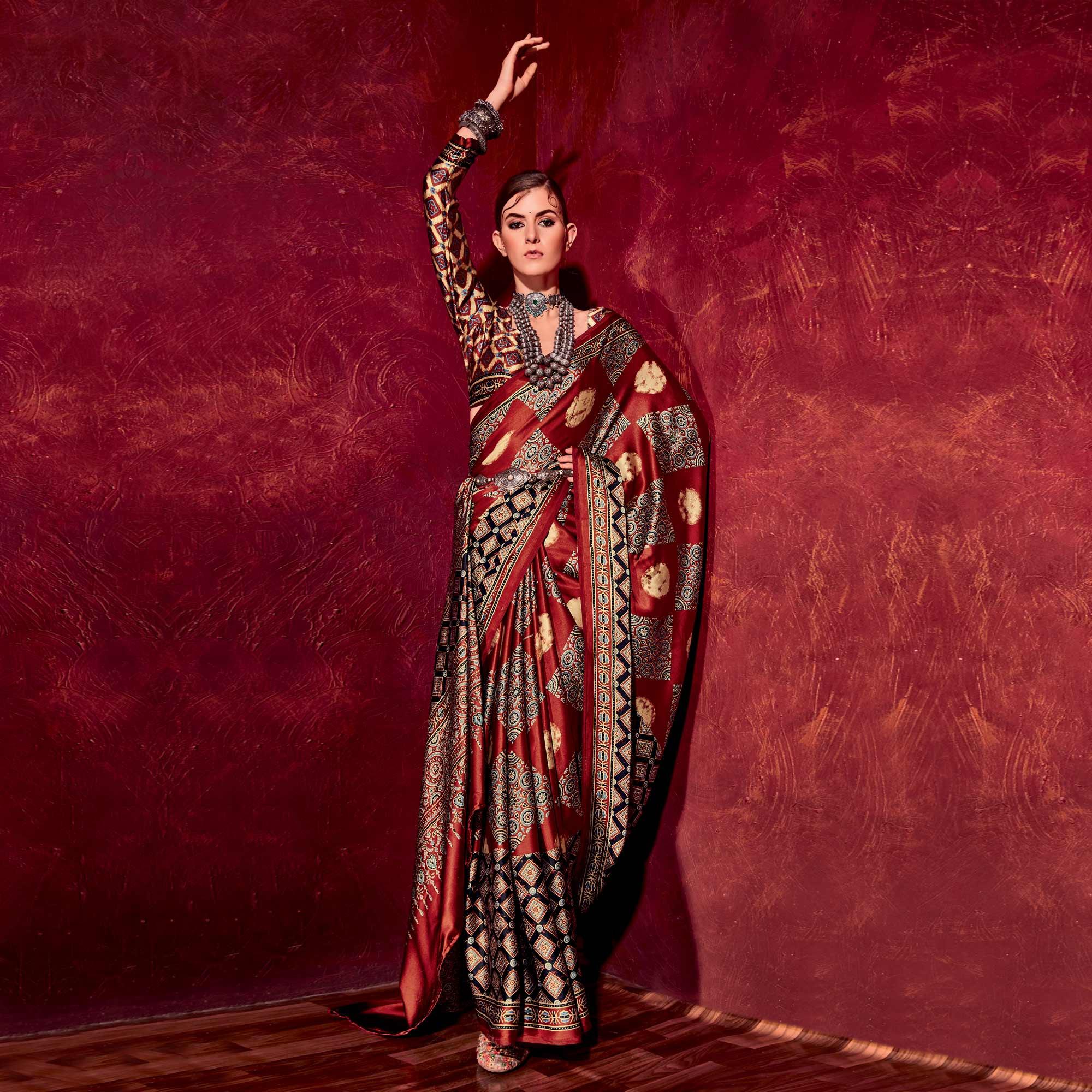 Peachmode Maroon Printed Satin Saree – Women's