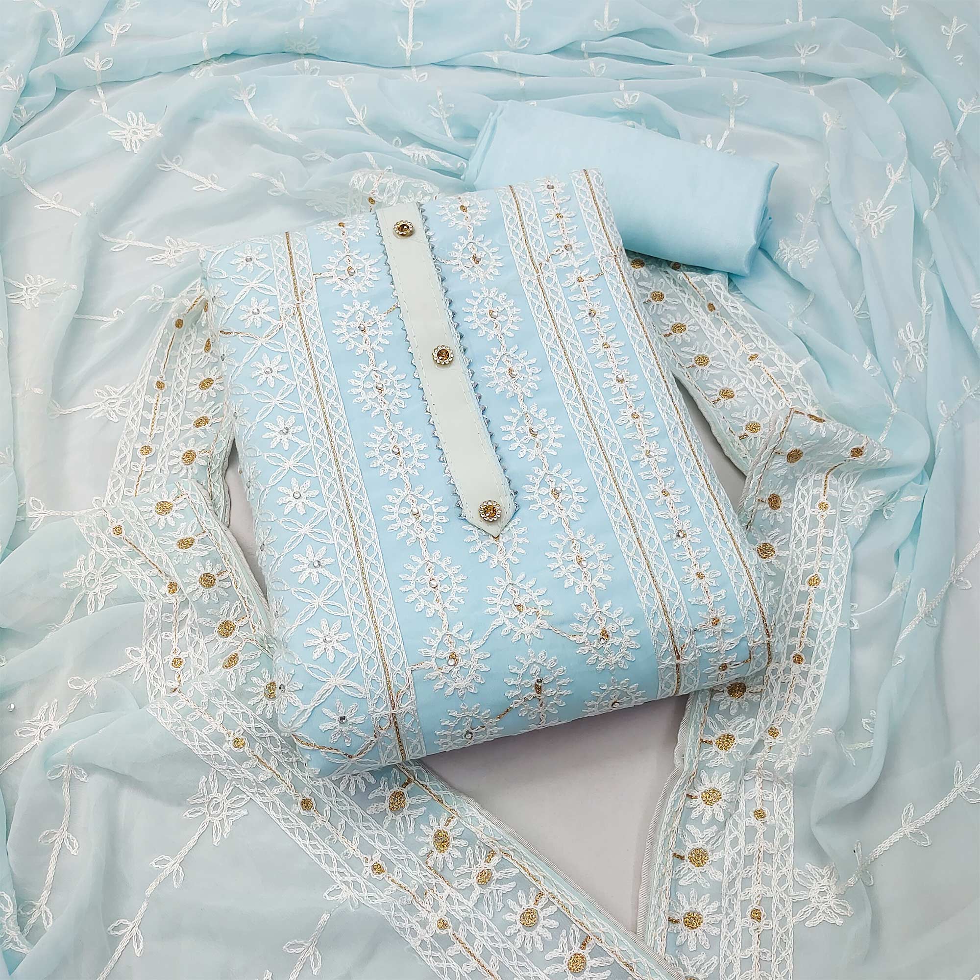 Peachmode Light Blue Lucknowi Embroidered Georgette Dress Material