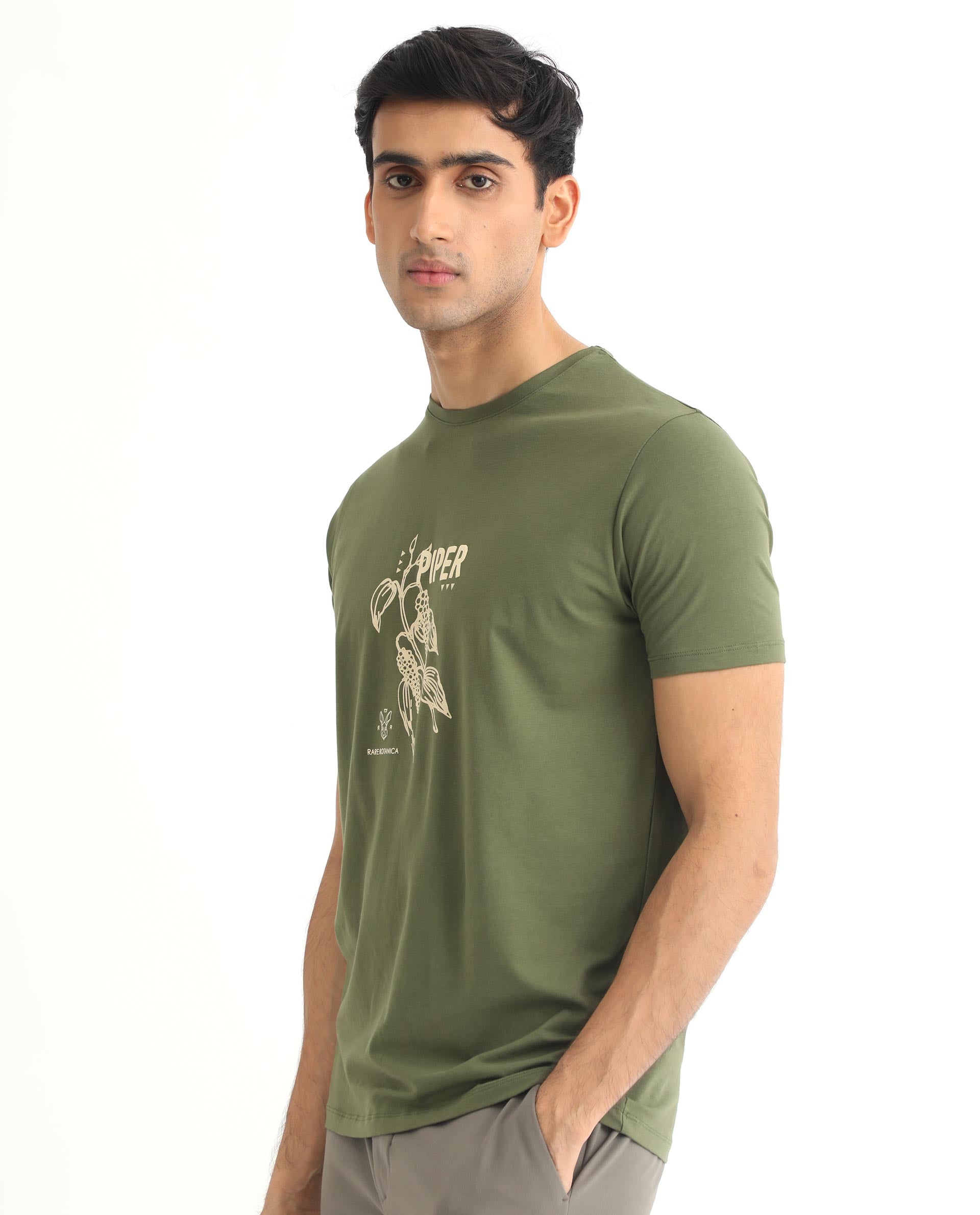 Rare Rabbit Men's Quet Olive Crew Neck With Botanical Chest Graphic Half Sleeves Slim Fit T-Shirt - view 5