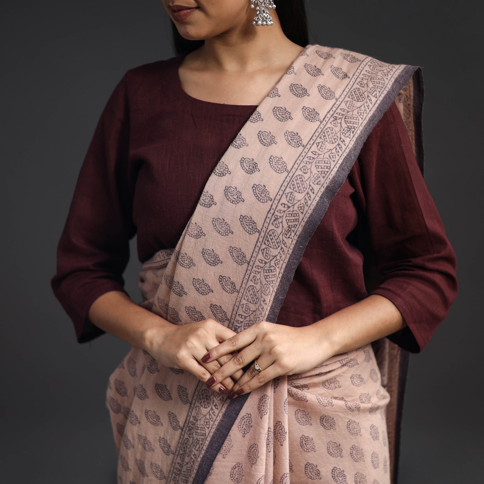 BAGH PRINTS BY UMAR FARUK KHATRI Beige - Handwoven Merino Wool Bagh Block Print Saree 02 - view 5