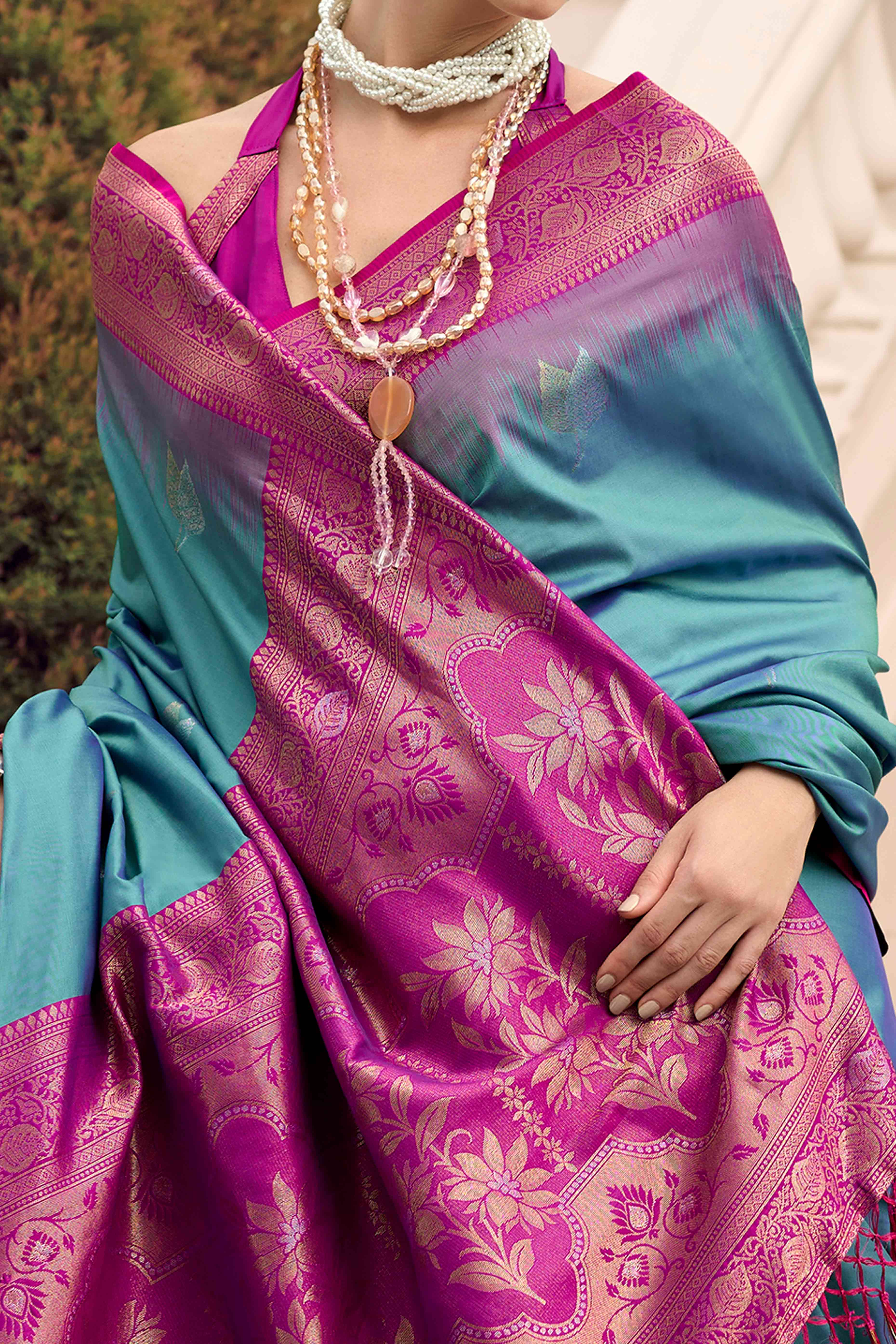 Peachmode Dusty Teal Zari Weaving Pure Silk Saree - view 2
