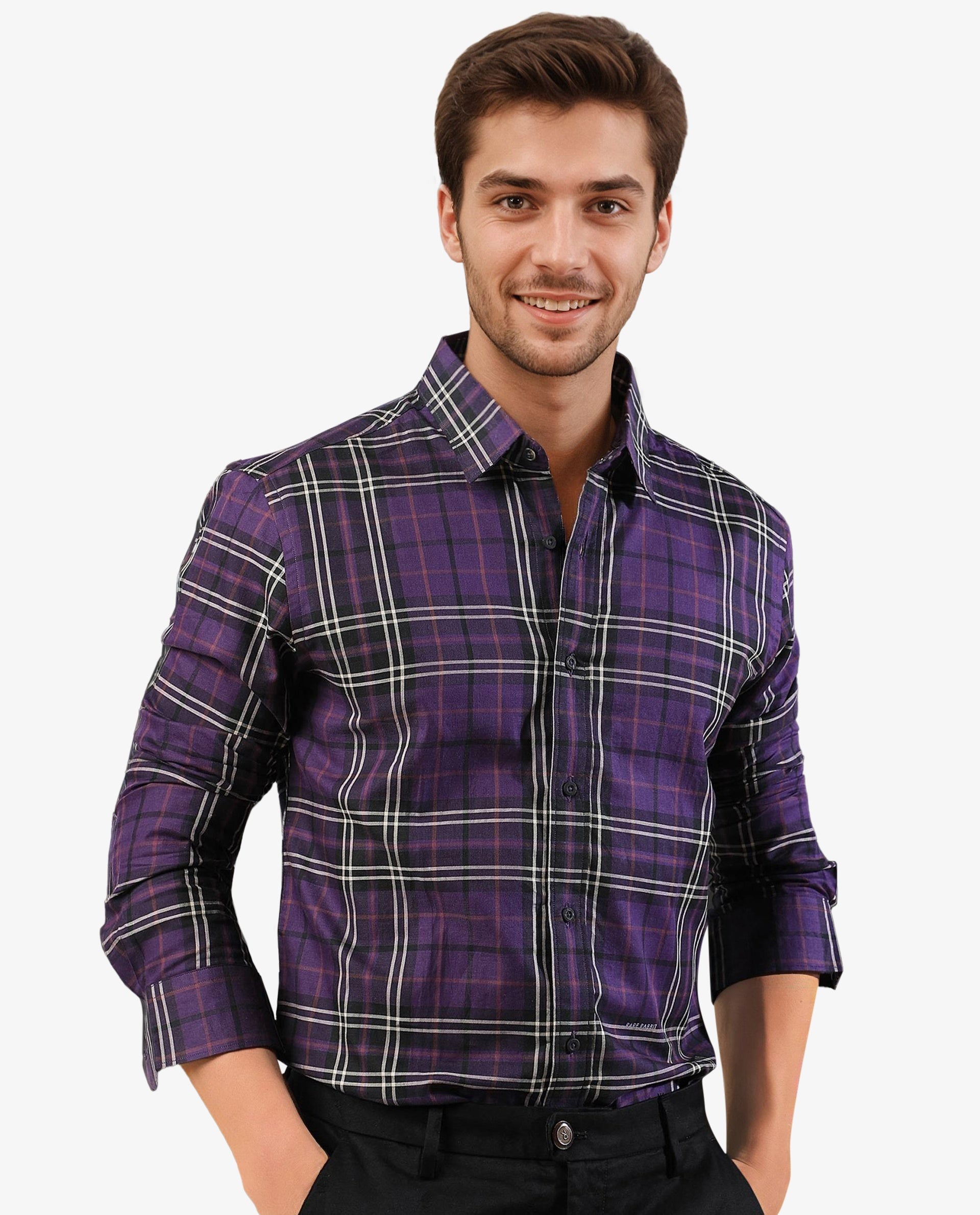 Rare Rabbit Men's Brutons Purple Cotton Fabric Full Sleeves Twill Checks Shirt