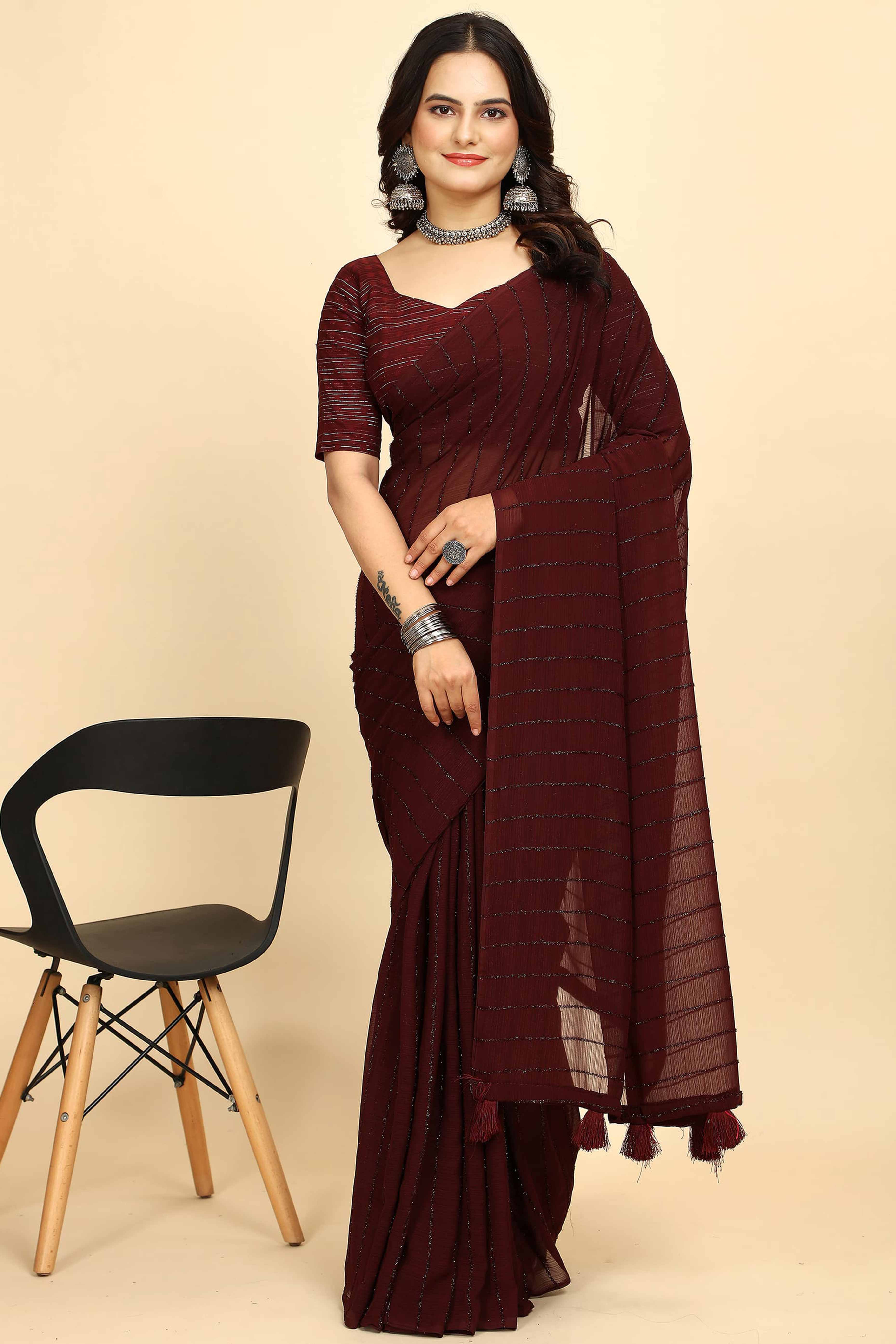 Peachmode Dark Maroon Striped Zari Woven Chiffon Saree With Tassels