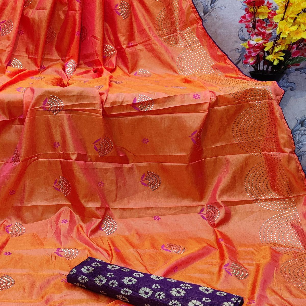 Peachmode Energetic Orange Colored Festive Wear Embellished Art Silk Saree - view 2